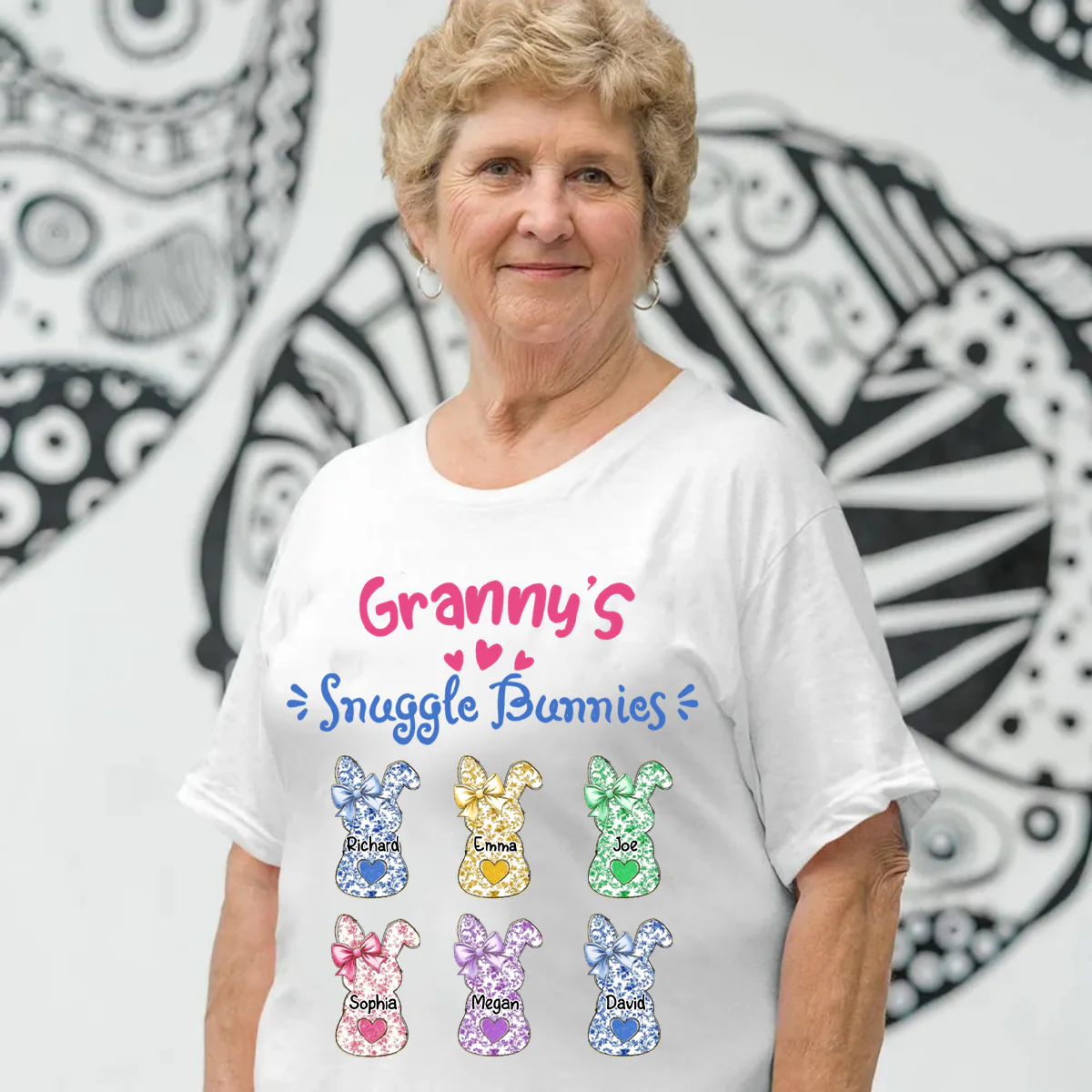 Grandmas Snuggle Bunnies Ribbon Easter Day - Personalized Pure Cotton T-Shirt - Image 3