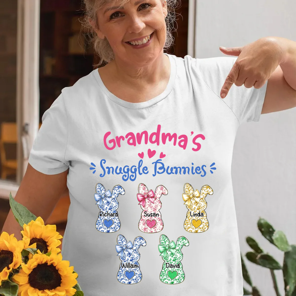 Grandmas Snuggle Bunnies Ribbon Easter Day - Personalized Pure Cotton T-Shirt - Image 4