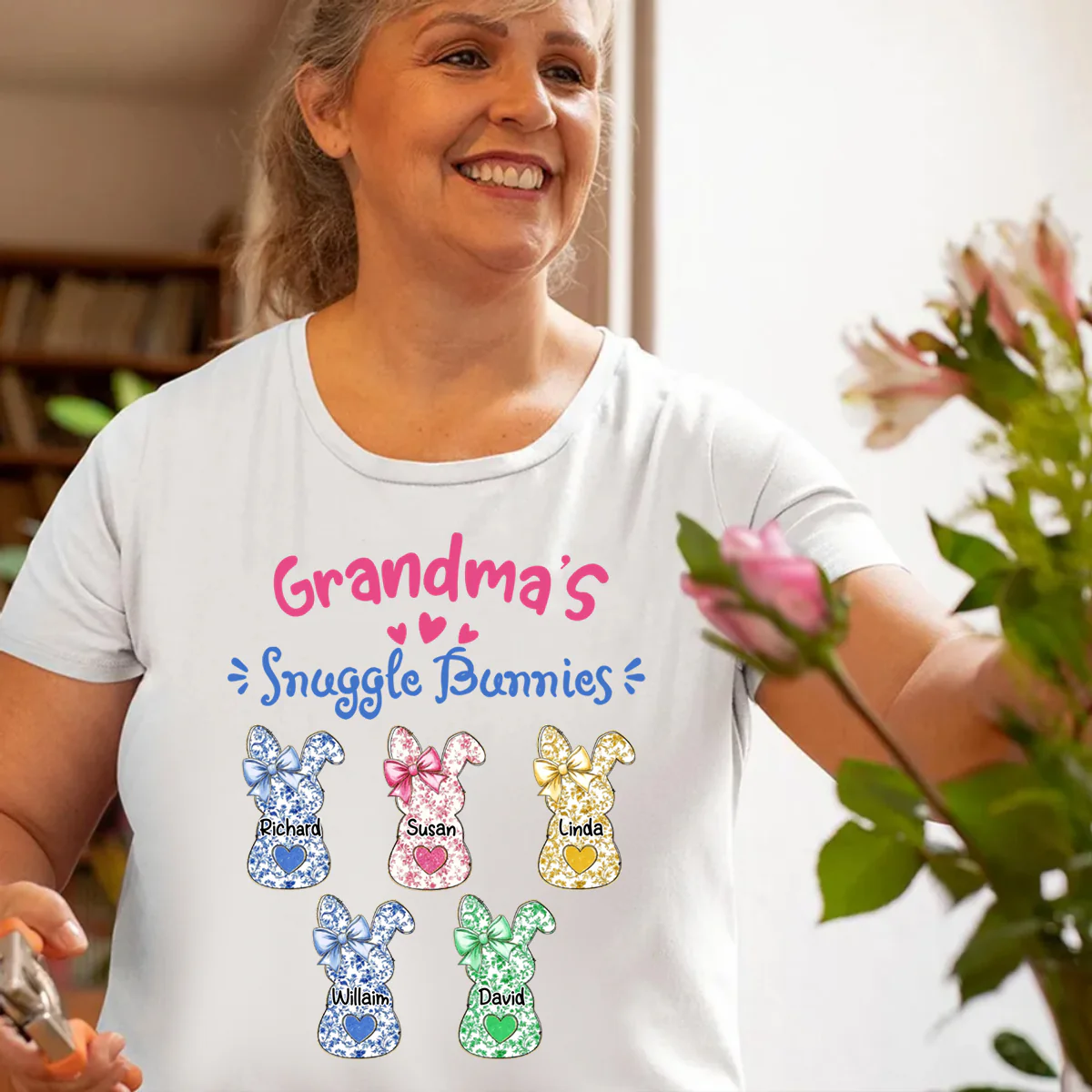 Grandmas Snuggle Bunnies Ribbon Easter Day - Personalized Pure Cotton T-Shirt - Image 5