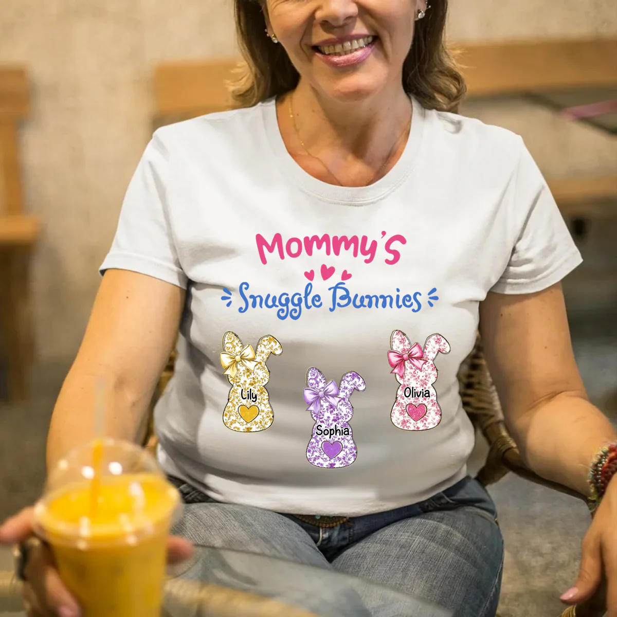 Grandmas Snuggle Bunnies Ribbon Easter Day - Personalized Pure Cotton T-Shirt - Image 6