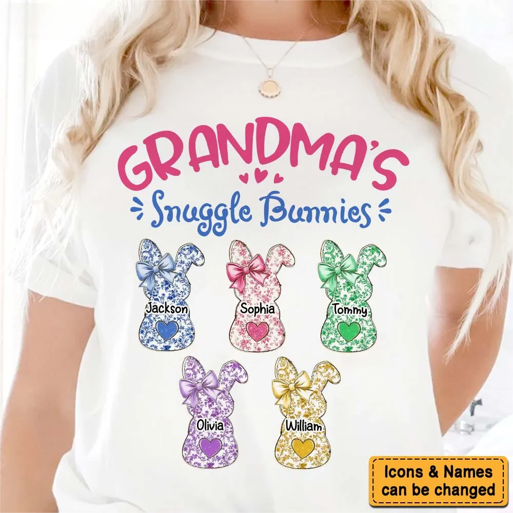 Grandmas Snuggle Bunnies Ribbon Easter Day - Personalized Pure Cotton T-Shirt - Image 9