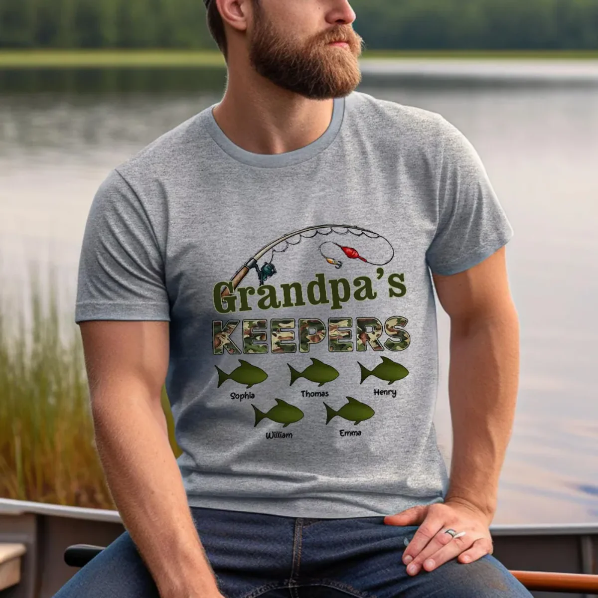 Grandpa‘s Keepers Camouflage Pattern Fishing Personalized Pure Cotton T-Shirt - Image 4