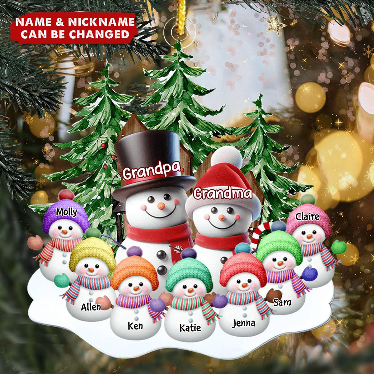 Granparents/Parents Snowmen With Baby Kids In Pine Tree Forest - Personalized Shape Ornament - Image 2