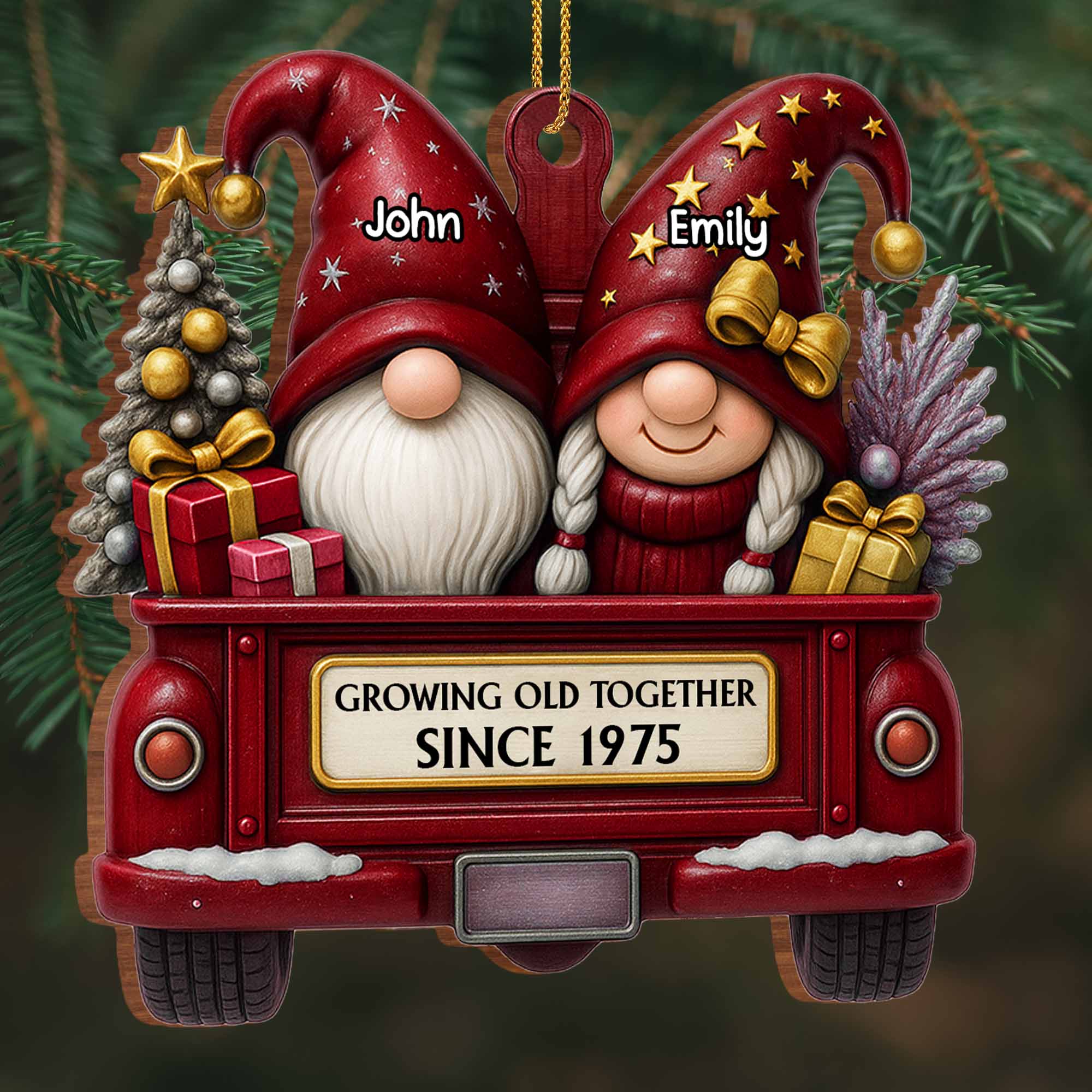Growing Old Together, Christmas Red Truck Couples, Personalized Wood Ornament, Gift for Parents - Image 2
