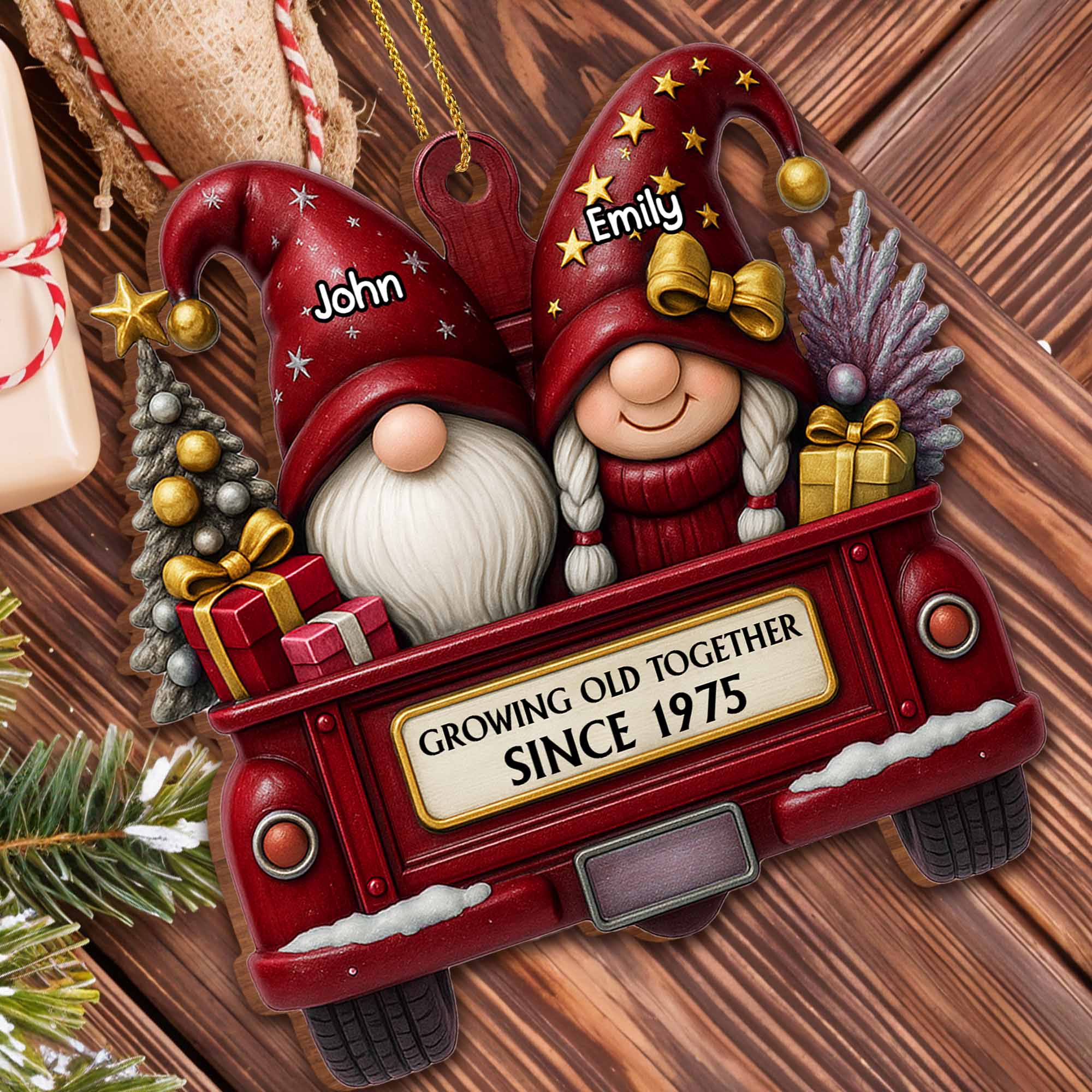 Growing Old Together, Christmas Red Truck Couples, Personalized Wood Ornament, Gift for Parents - Image 4