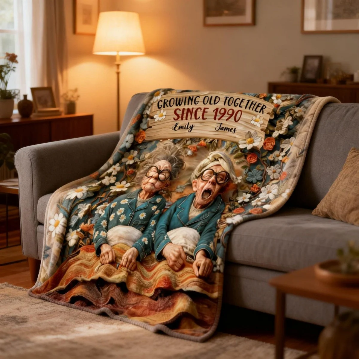 Growing Old Together, Elderly Couple And Flowers, Personalized Blanket, Gift For Couples And Grandparents - Image 2