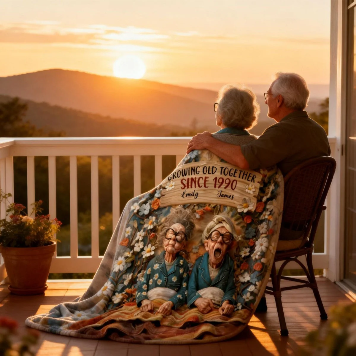 Growing Old Together, Elderly Couple And Flowers, Personalized Blanket, Gift For Couples And Grandparents - Image 3