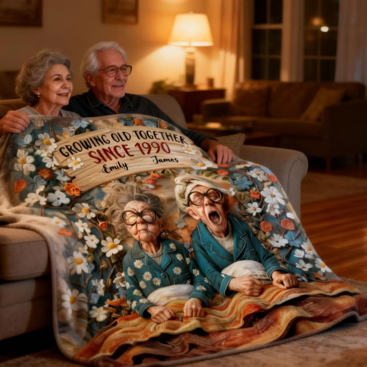Growing Old Together, Elderly Couple And Flowers, Personalized Blanket, Gift For Couples And Grandparents - Image 5
