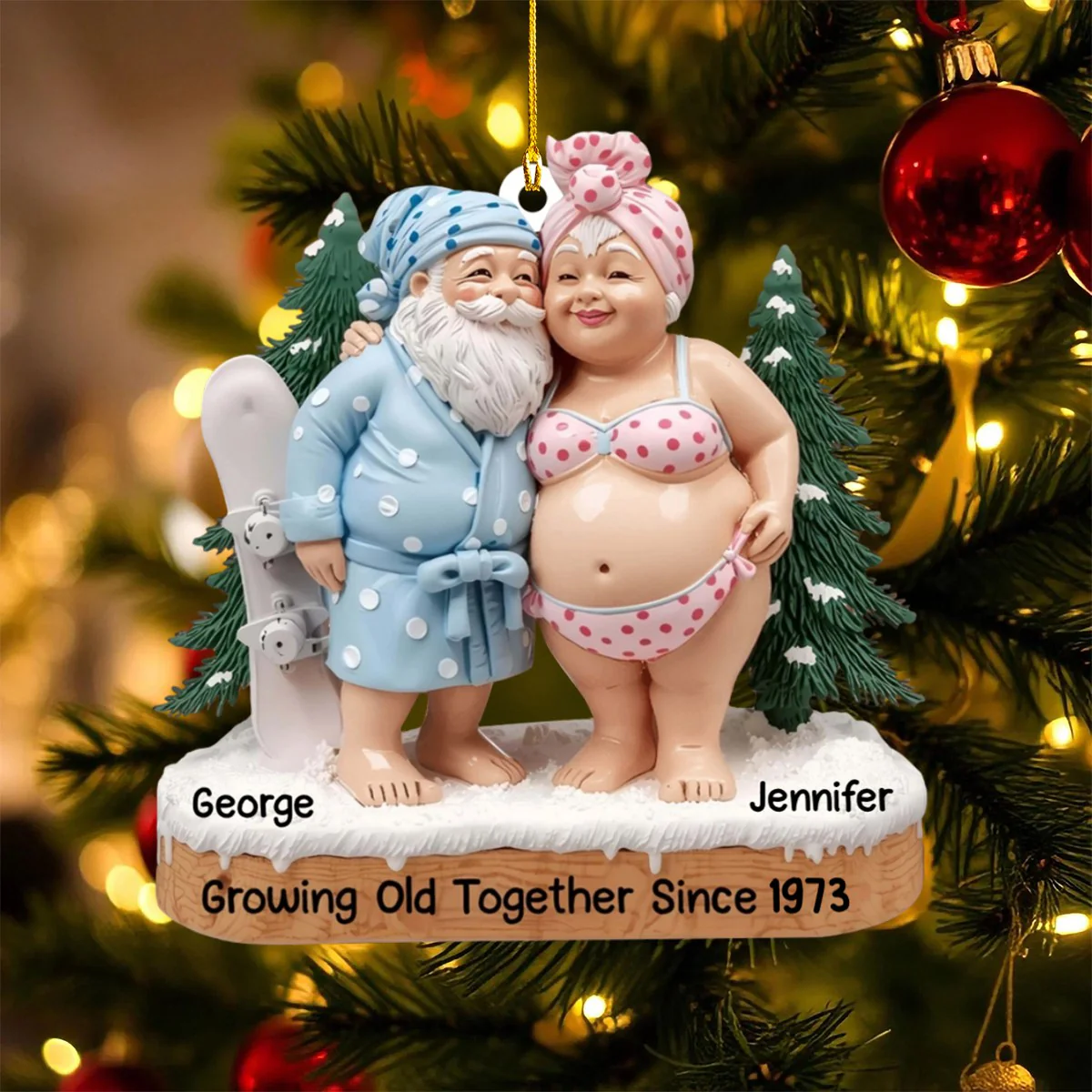 Growing Old Together, Elderly Couple In Beach Clothes, Personalized Ornament Gift For Couples