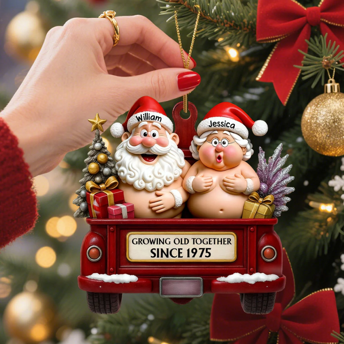 Growing Old Together Red Truck With Santa And Mrs. Claus Ornament, Custom Acrylic Ornament, Gift For Couples And Parents - Image 2