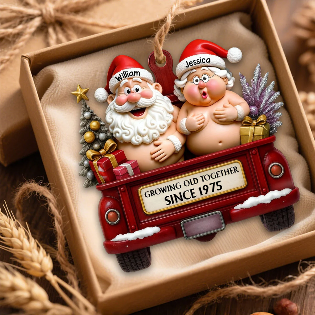 Growing Old Together Red Truck With Santa And Mrs. Claus Ornament, Custom Acrylic Ornament, Gift For Couples And Parents - Image 3