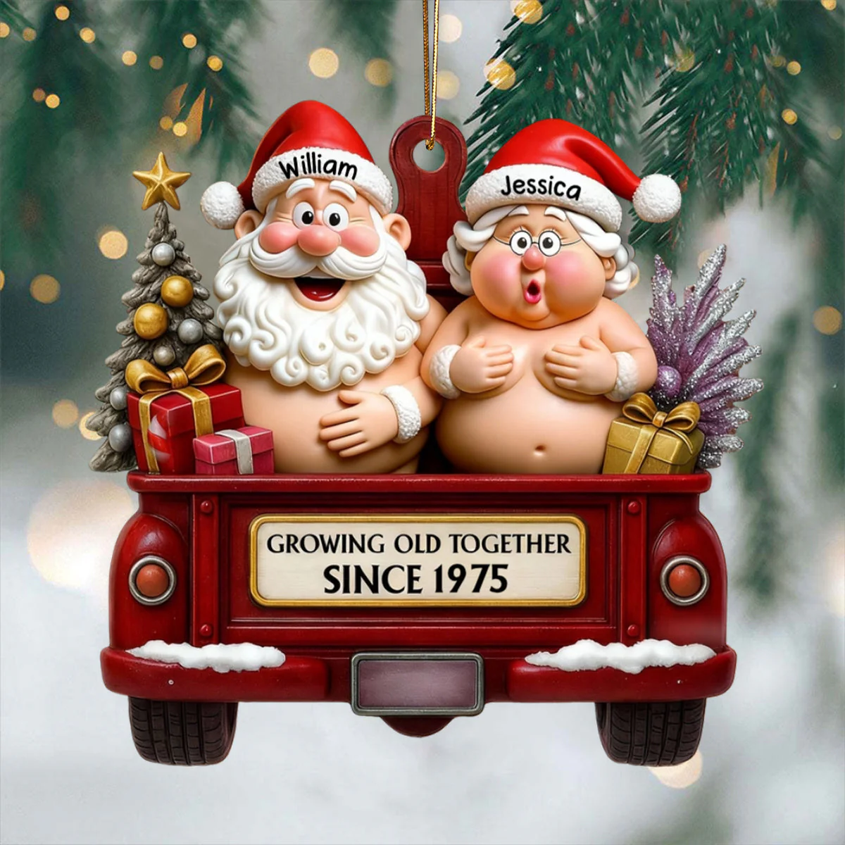 Growing Old Together Red Truck With Santa And Mrs. Claus Ornament, Custom Acrylic Ornament, Gift For Couples And Parents - Image 4