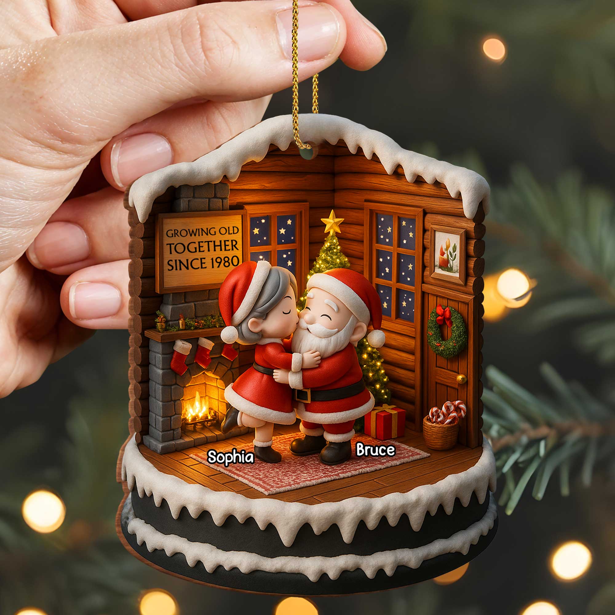 Growing Old Together Since, Personalized Custom Wood Ornament, Santa Claus And Christmas Tree - Image 3