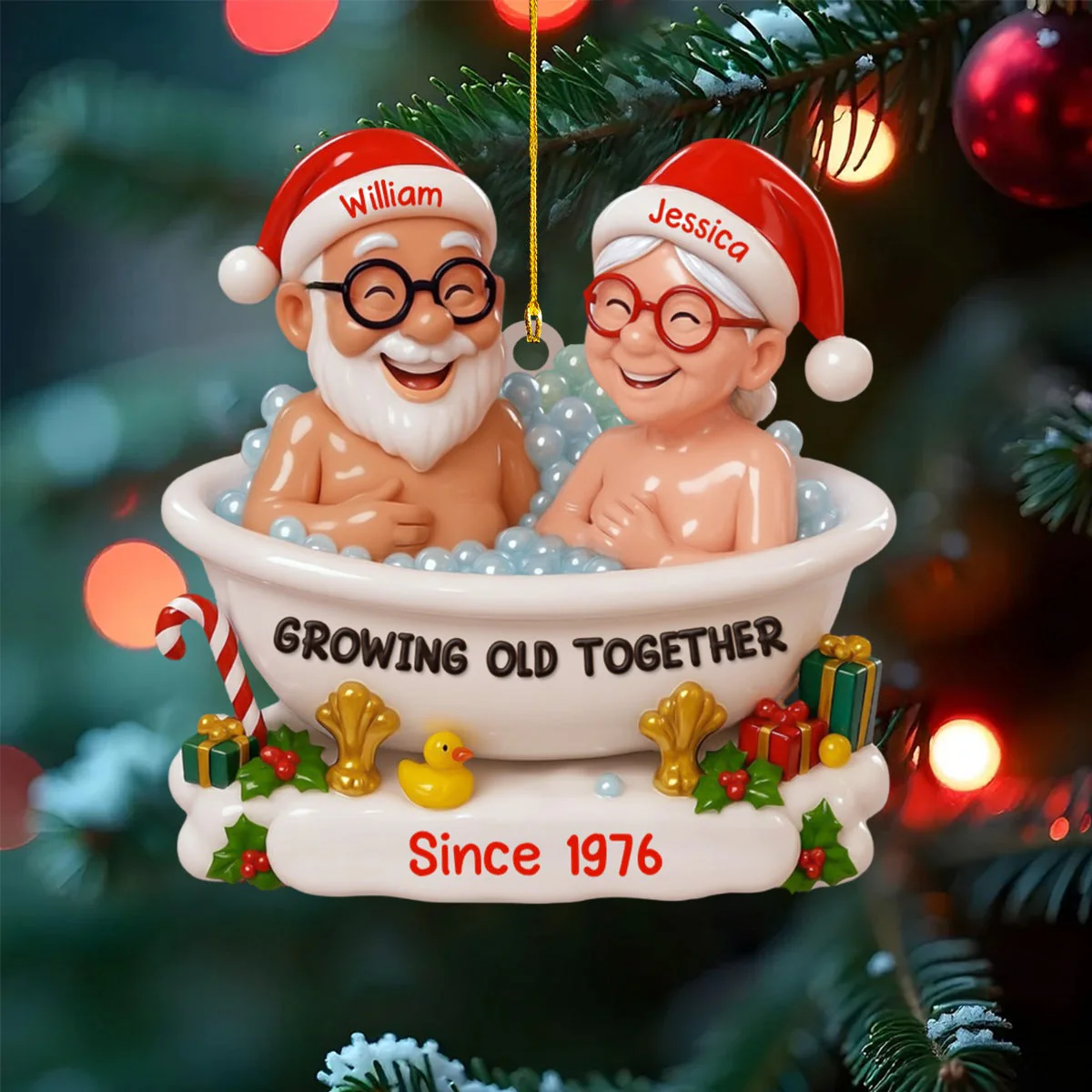 Growing Old Together With Santa Hats And bath,Custom Acrylic Ornament,Personalized Gift For Couples And Spouses - Image 2