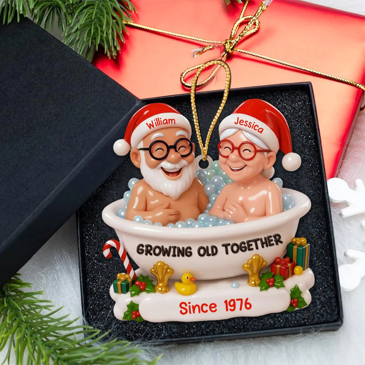 Growing Old Together With Santa Hats And bath,Custom Acrylic Ornament,Personalized Gift For Couples And Spouses - Image 3