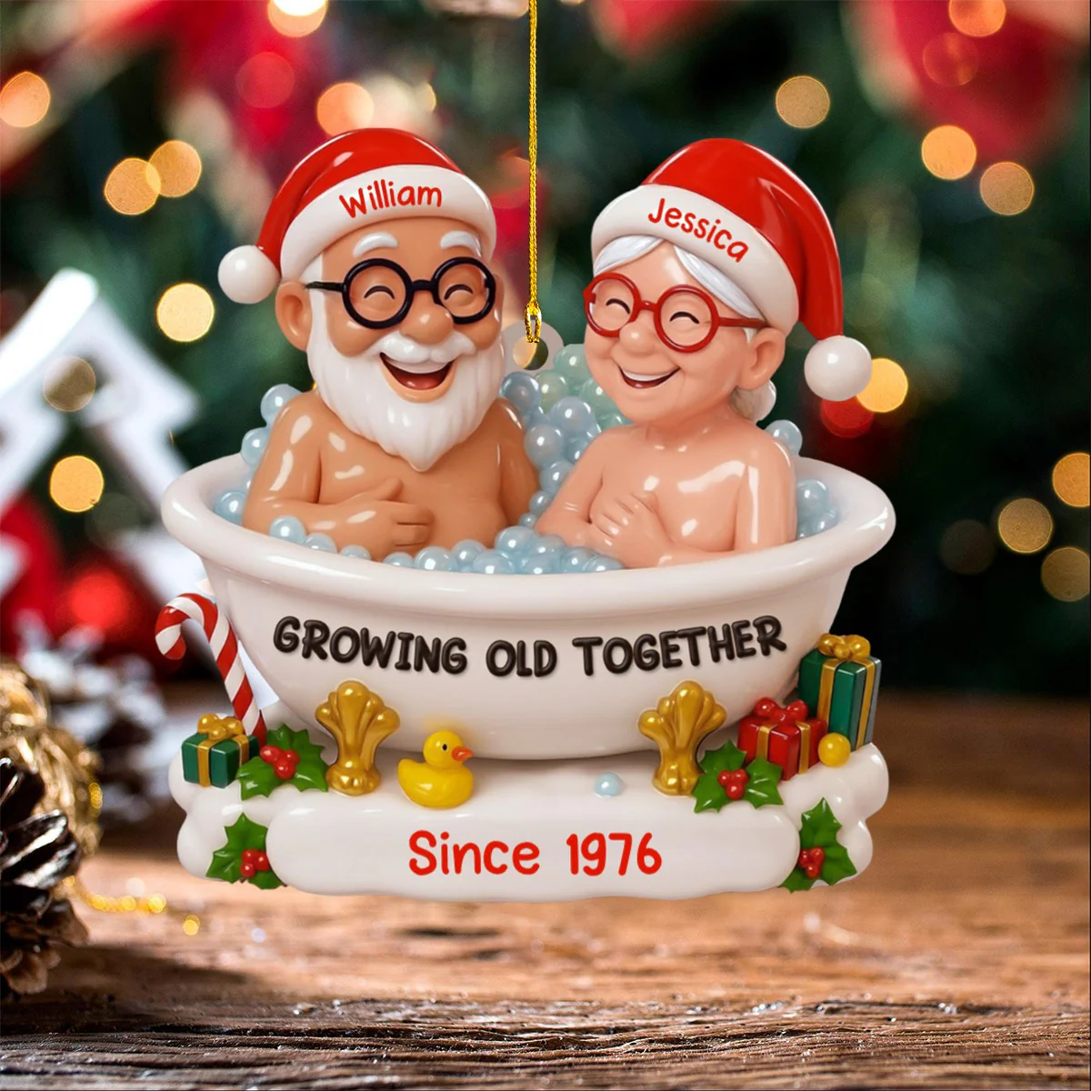 Growing Old Together With Santa Hats And bath,Custom Acrylic Ornament,Personalized Gift For Couples And Spouses - Image 4