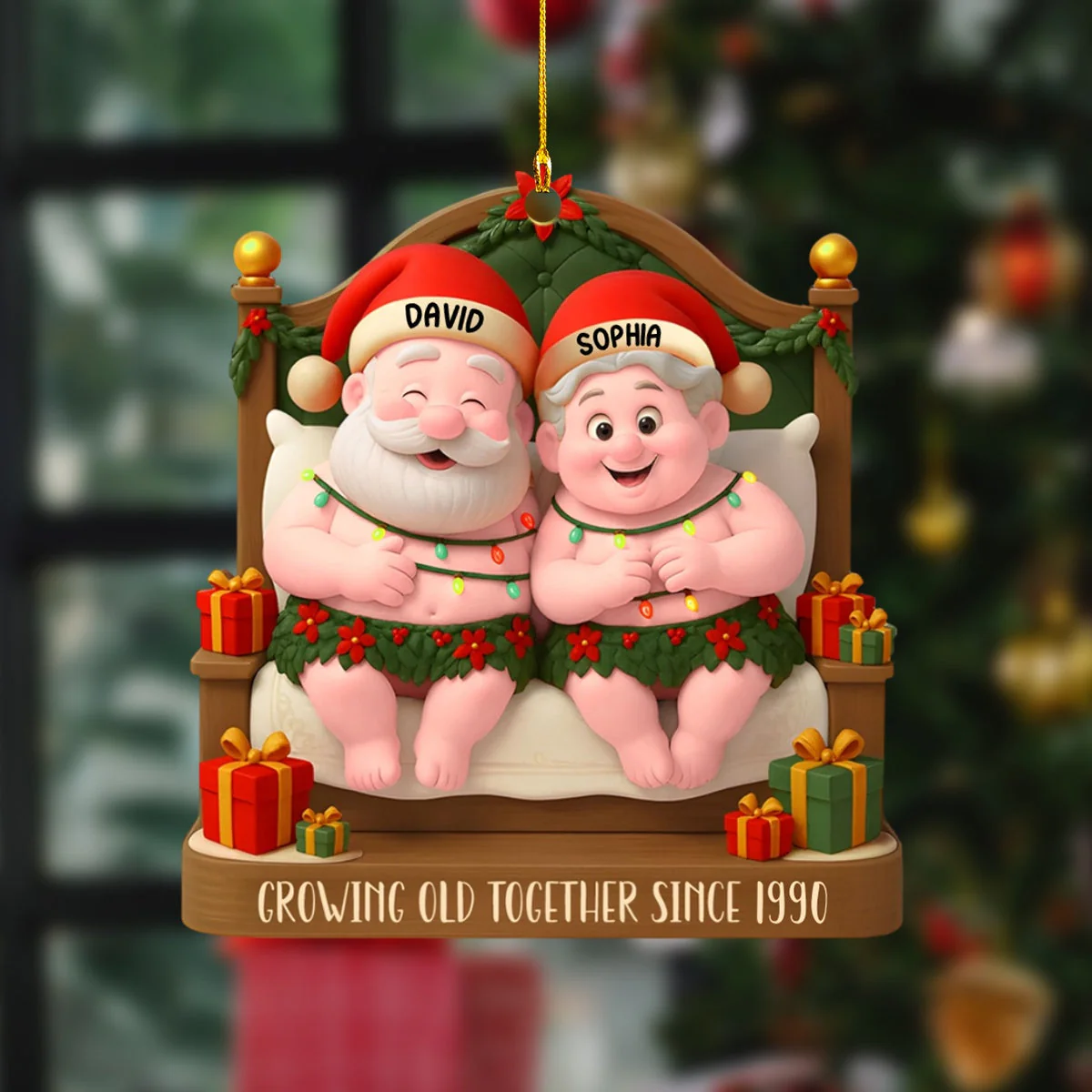 Growing Old Together With Santa Hats And Holly,Personalized Ornament,Gift For Couples