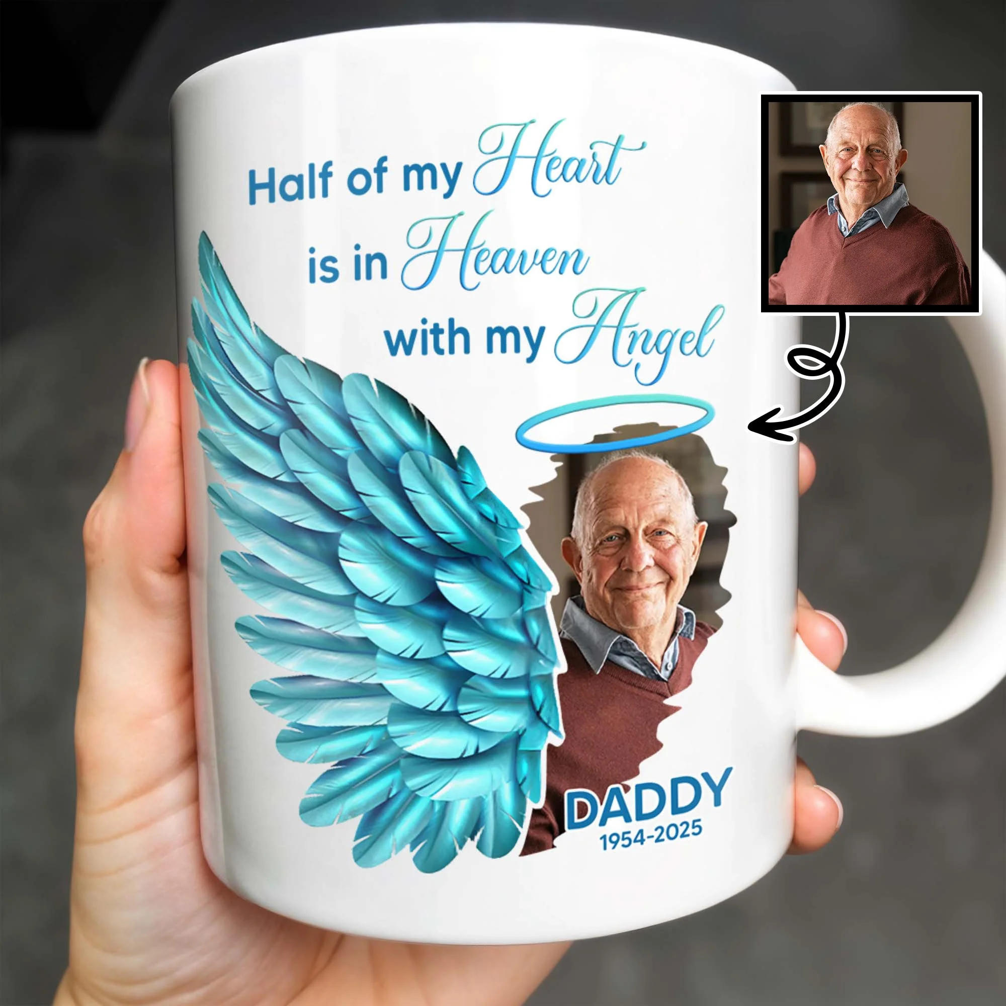 Half Of My Heart In Heaven With My Angel Wings, Personalized Custom Coffee Mug - Image 3