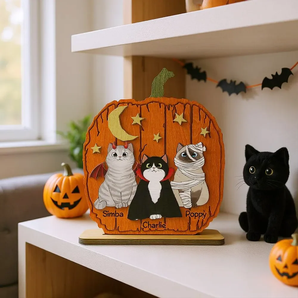Halloween Cat Pumpkin Personalized 2-Layered Standing Wooden Plaque Gift For Cat Lover - Image 2