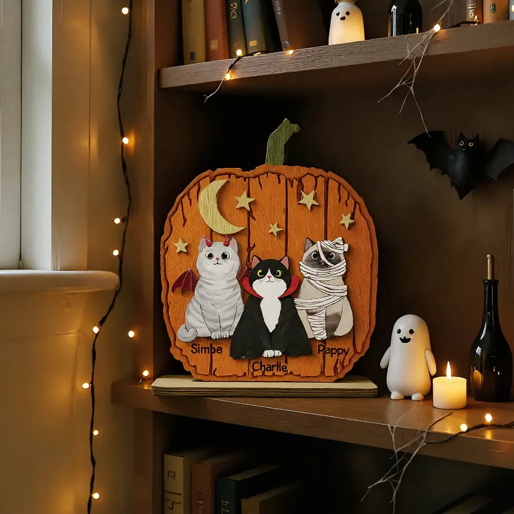 Halloween Cat Pumpkin Personalized 2-Layered Standing Wooden Plaque Gift For Cat Lover - Image 3