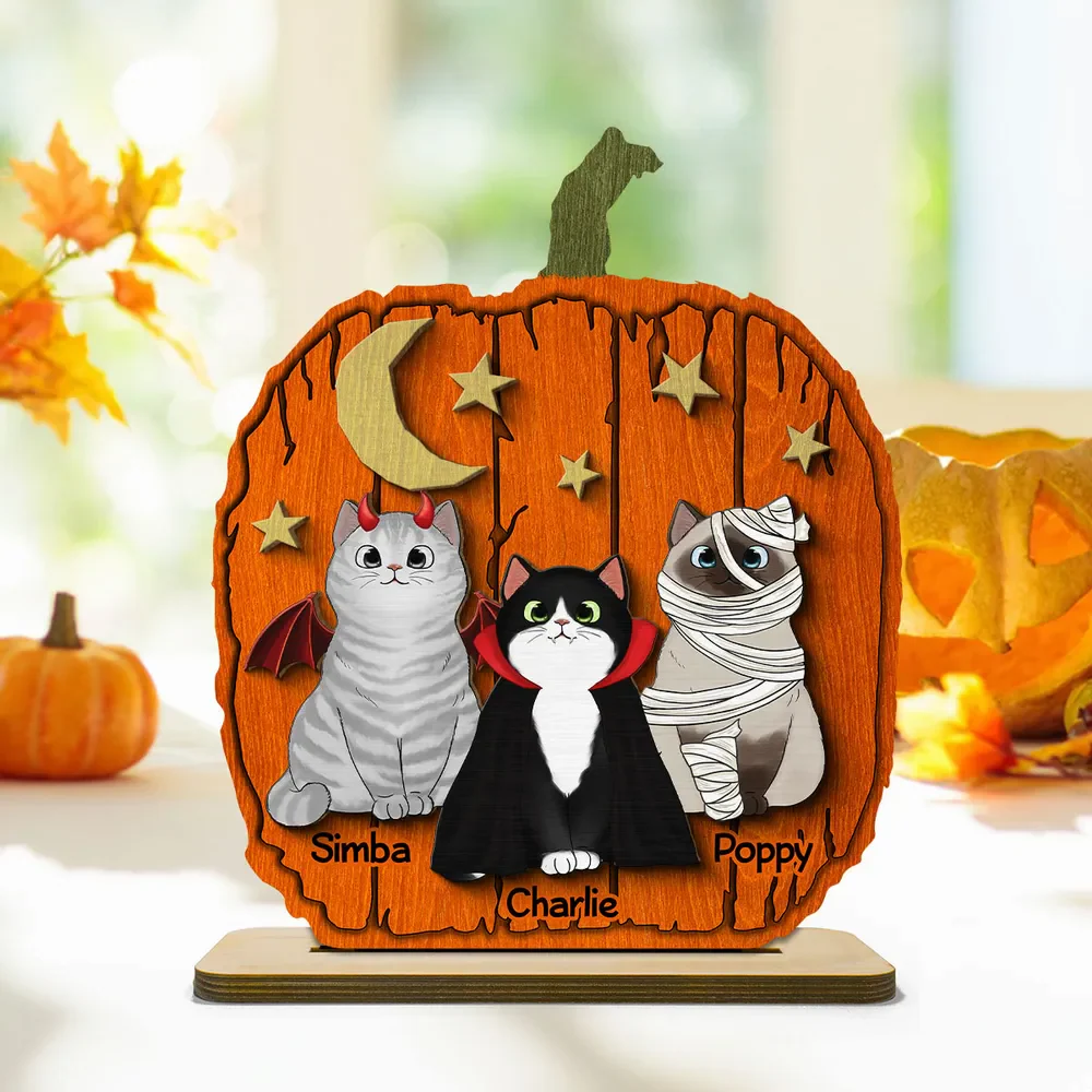 Halloween Cat Pumpkin Personalized 2-Layered Standing Wooden Plaque Gift For Cat Lover - Image 4