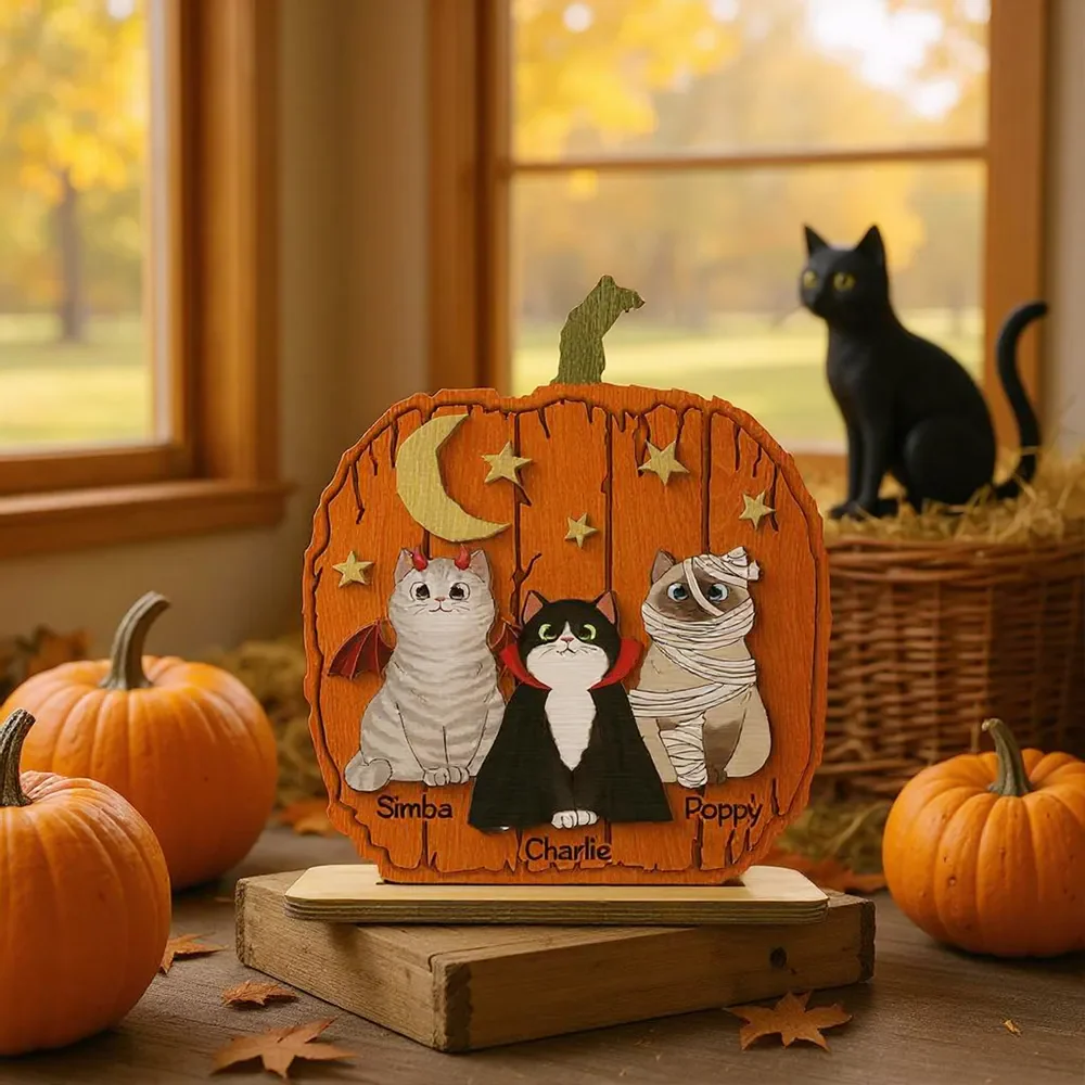 Halloween Cat Pumpkin Personalized 2-Layered Standing Wooden Plaque Gift For Cat Lover - Image 5