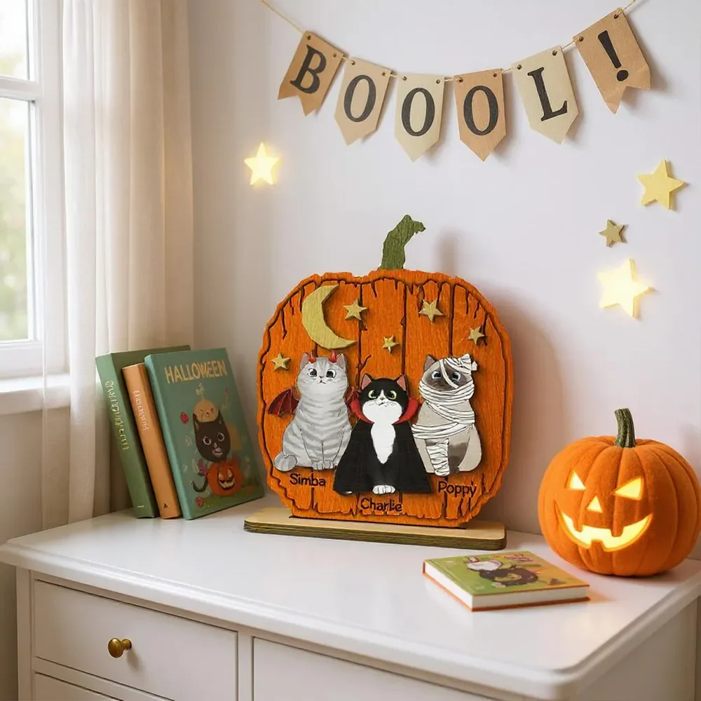 Halloween Cat Pumpkin Personalized 2-Layered Standing Wooden Plaque Gift For Cat Lover - Image 6