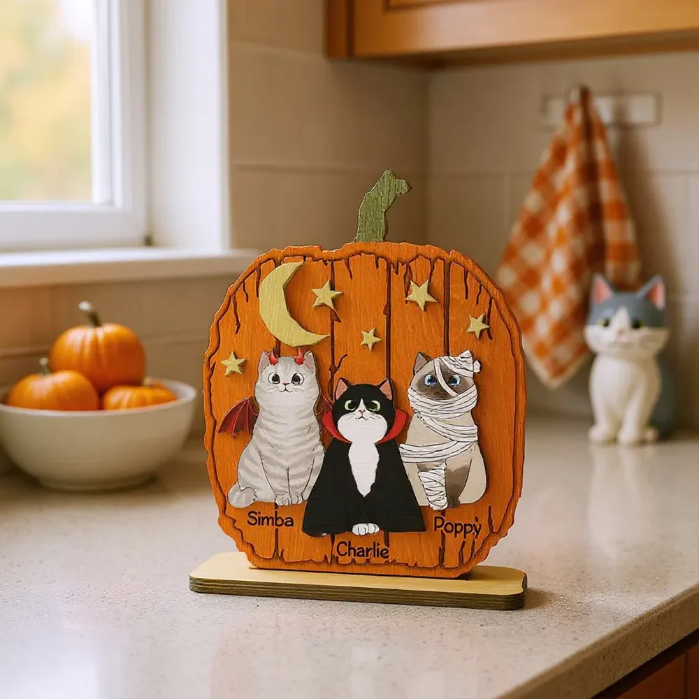 Halloween Cat Pumpkin Personalized 2-Layered Standing Wooden Plaque Gift For Cat Lover - Image 7