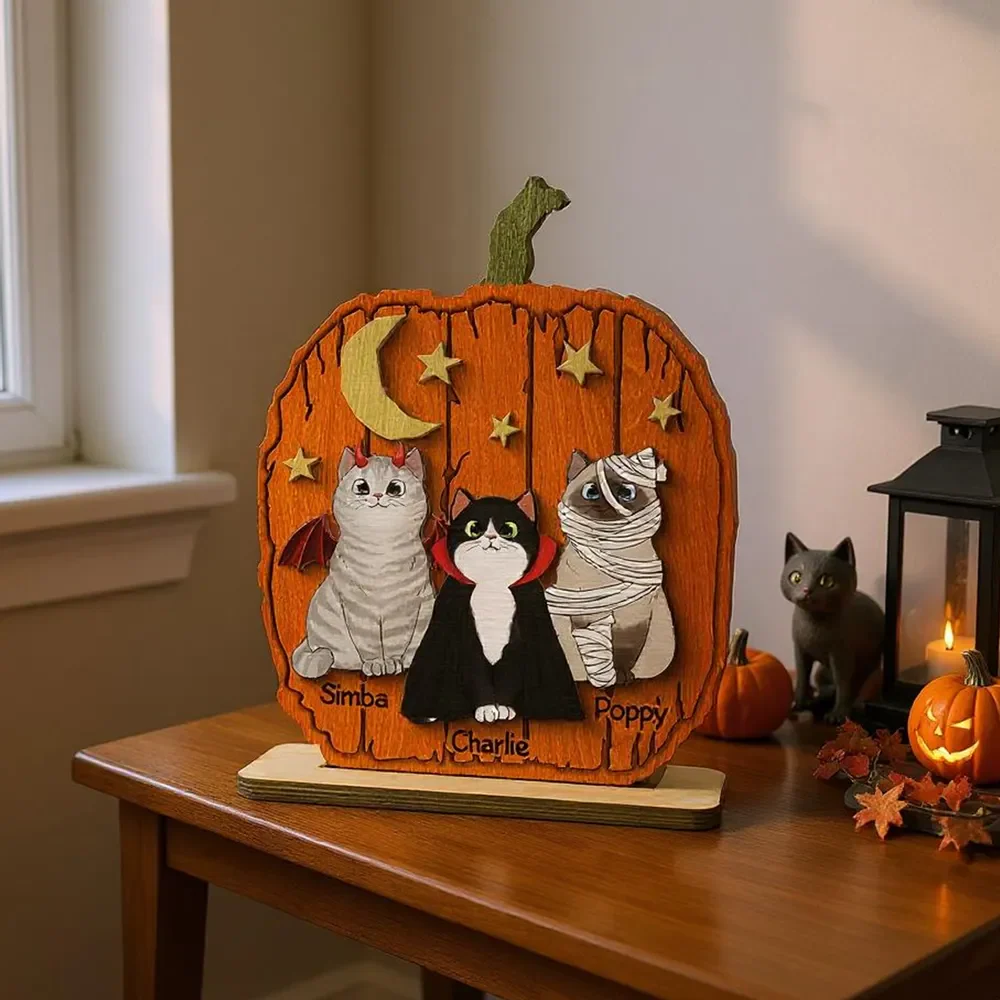 Halloween Cat Pumpkin Personalized 2-Layered Standing Wooden Plaque Gift For Cat Lover - Image 8