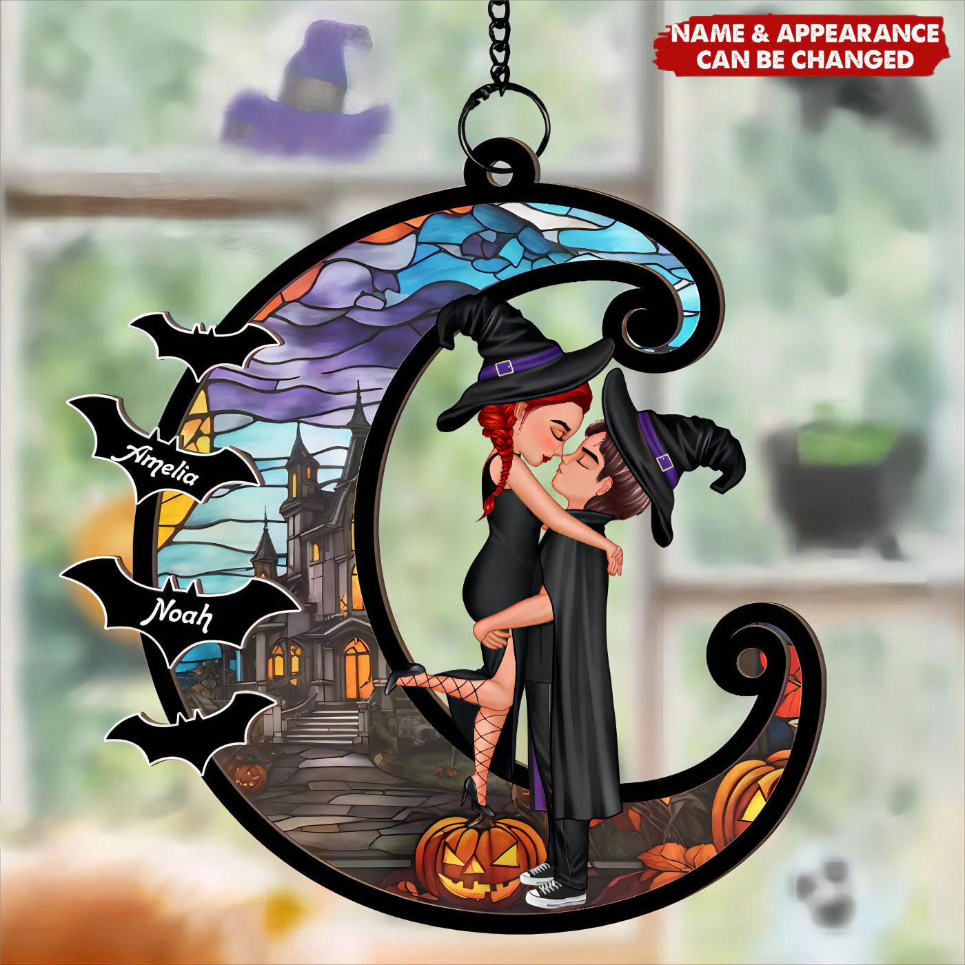 Halloween Couple Hugging Kissing On Moon - Personalized Window Hanging Suncatcher Ornament - Image 4