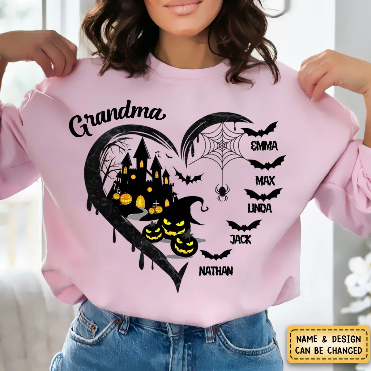 Halloween Grandma Mom Black Bats Heart Personalized Sweatshirt - Image 2