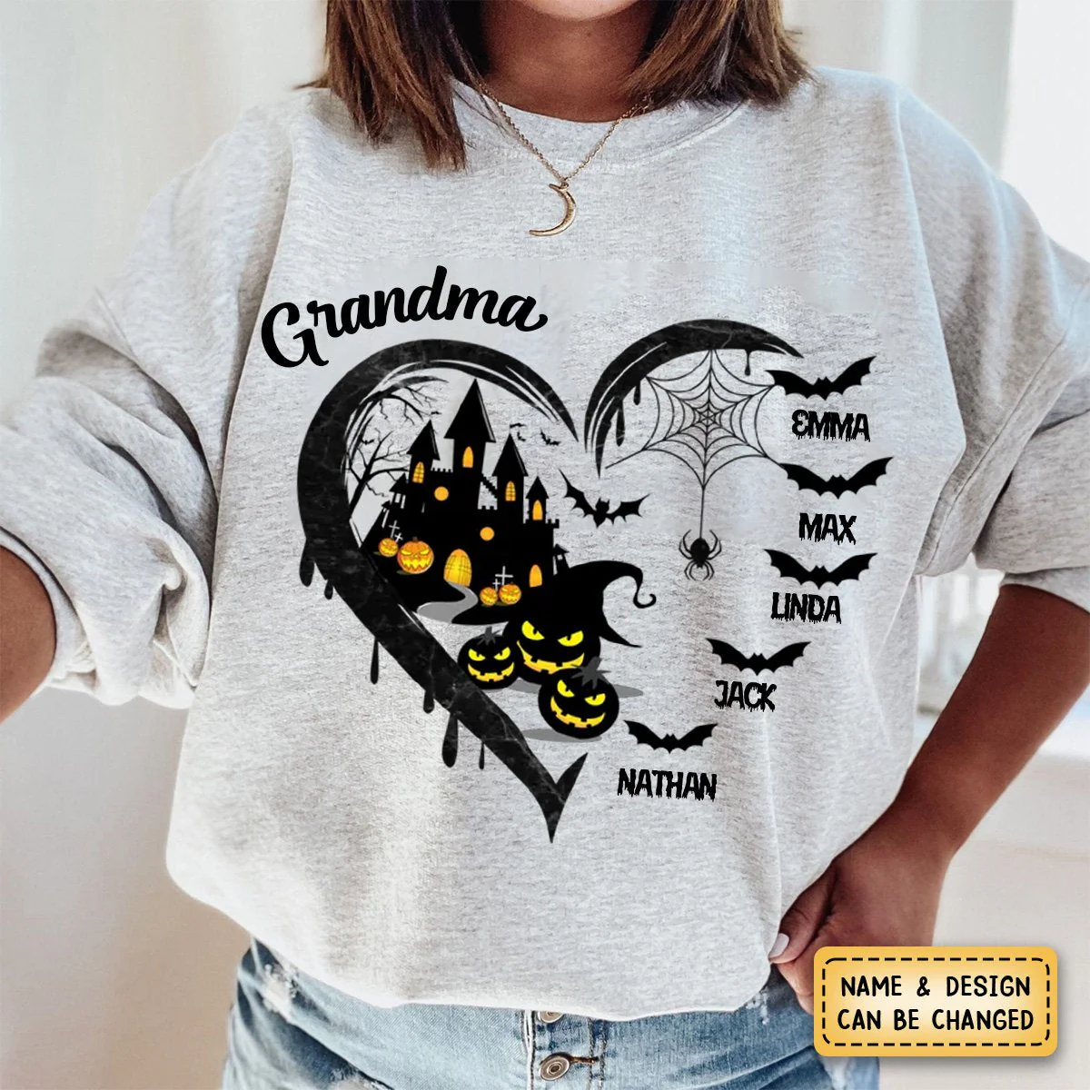 Halloween Grandma Mom Black Bats Heart Personalized Sweatshirt - Image 3