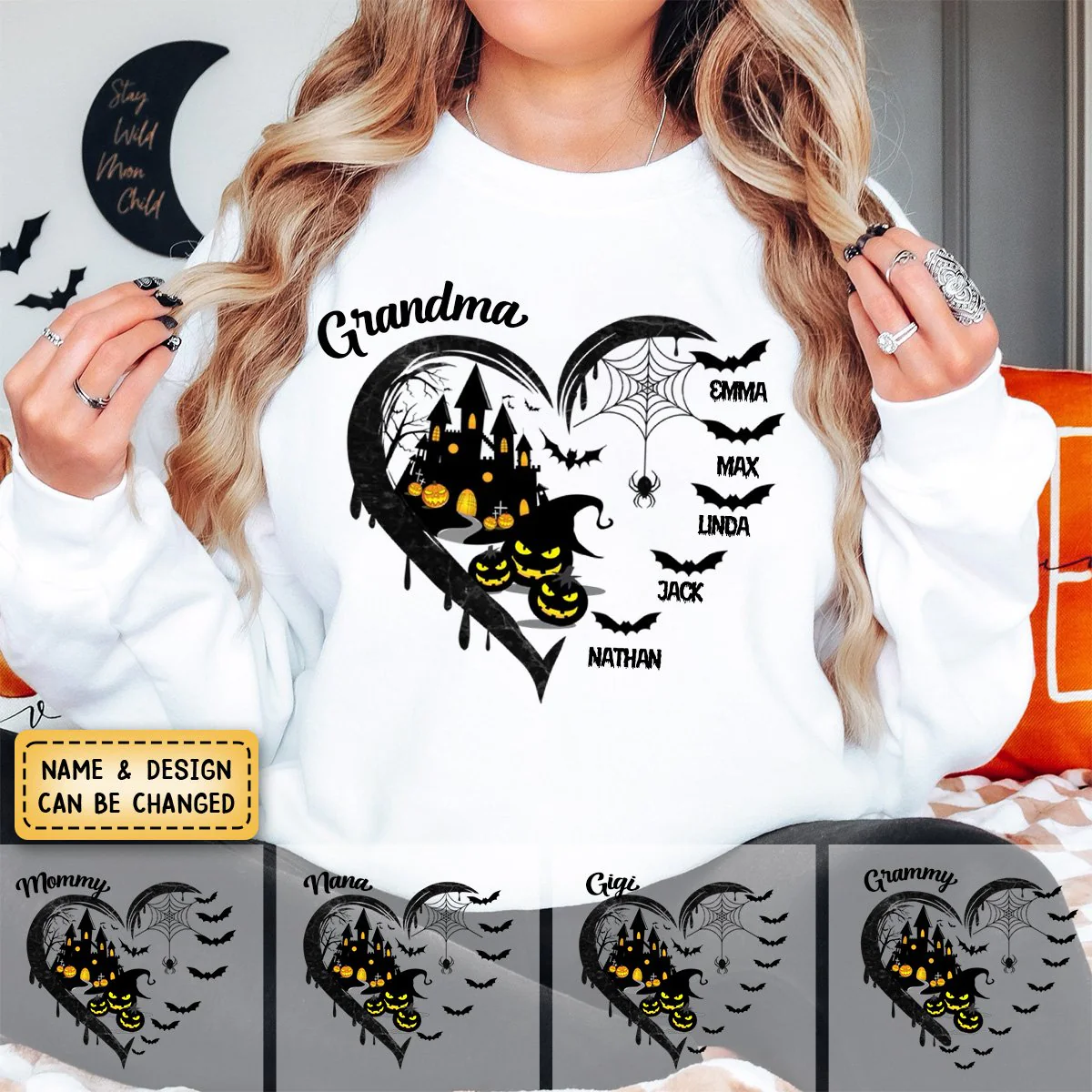Halloween Grandma Mom Black Bats Heart Personalized Sweatshirt - Image 5