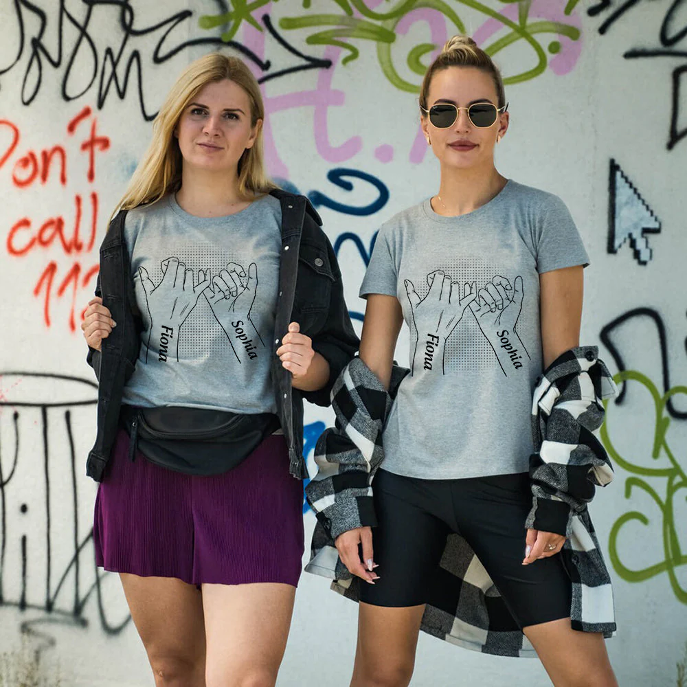 Hand In Hand Side By Side Pinky Promise - Personalized Friends Sisters Couple T-Shirt - Image 2