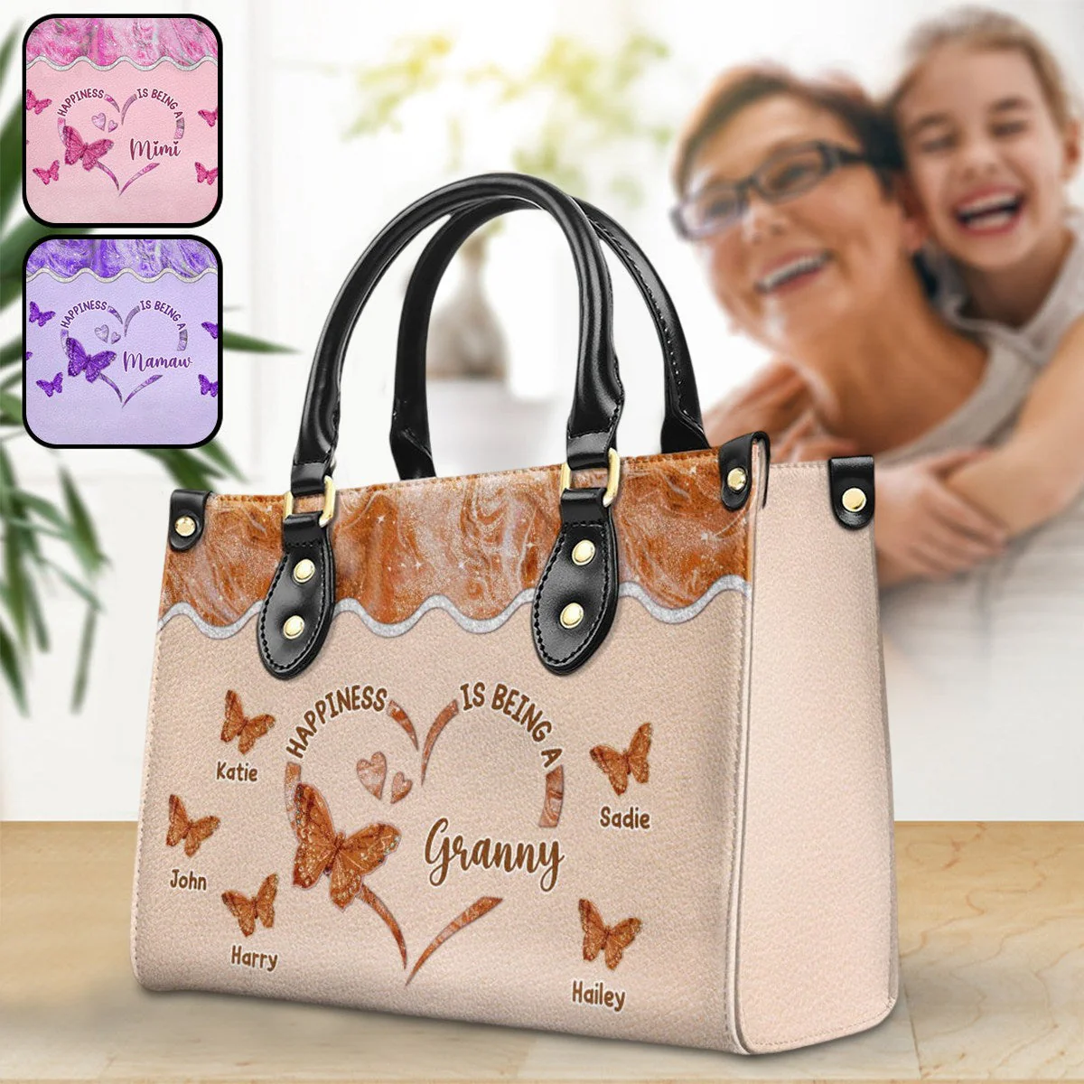 Happiness Is Being - Personalized Custom Leather Bag For Grandma - Image 11