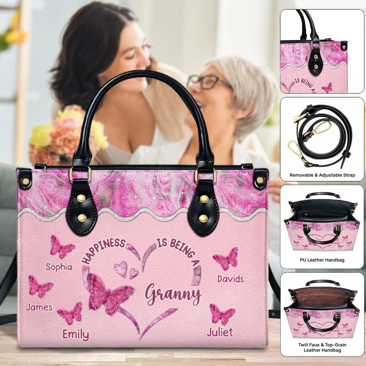 Happiness Is Being - Personalized Custom Leather Bag For Grandma - Image 12