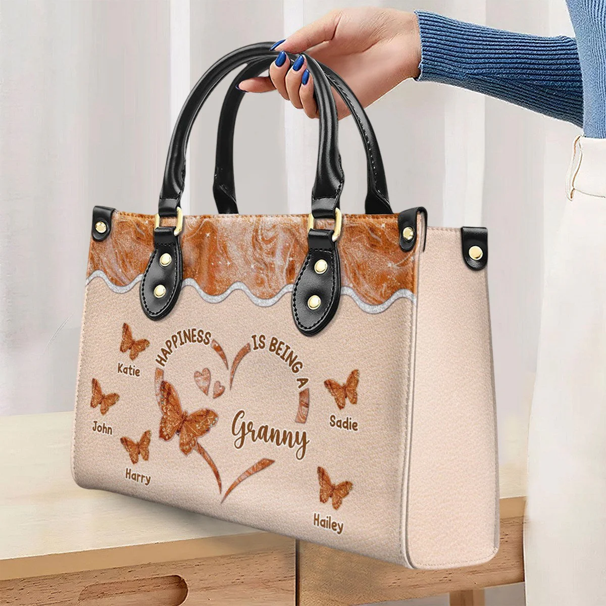 Happiness Is Being - Personalized Custom Leather Bag For Grandma - Image 4