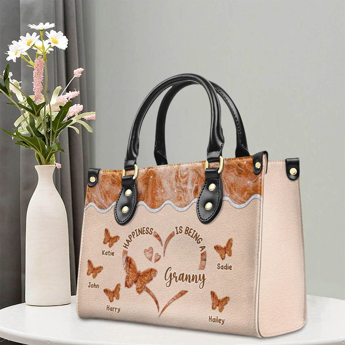 Happiness Is Being - Personalized Custom Leather Bag For Grandma - Image 6