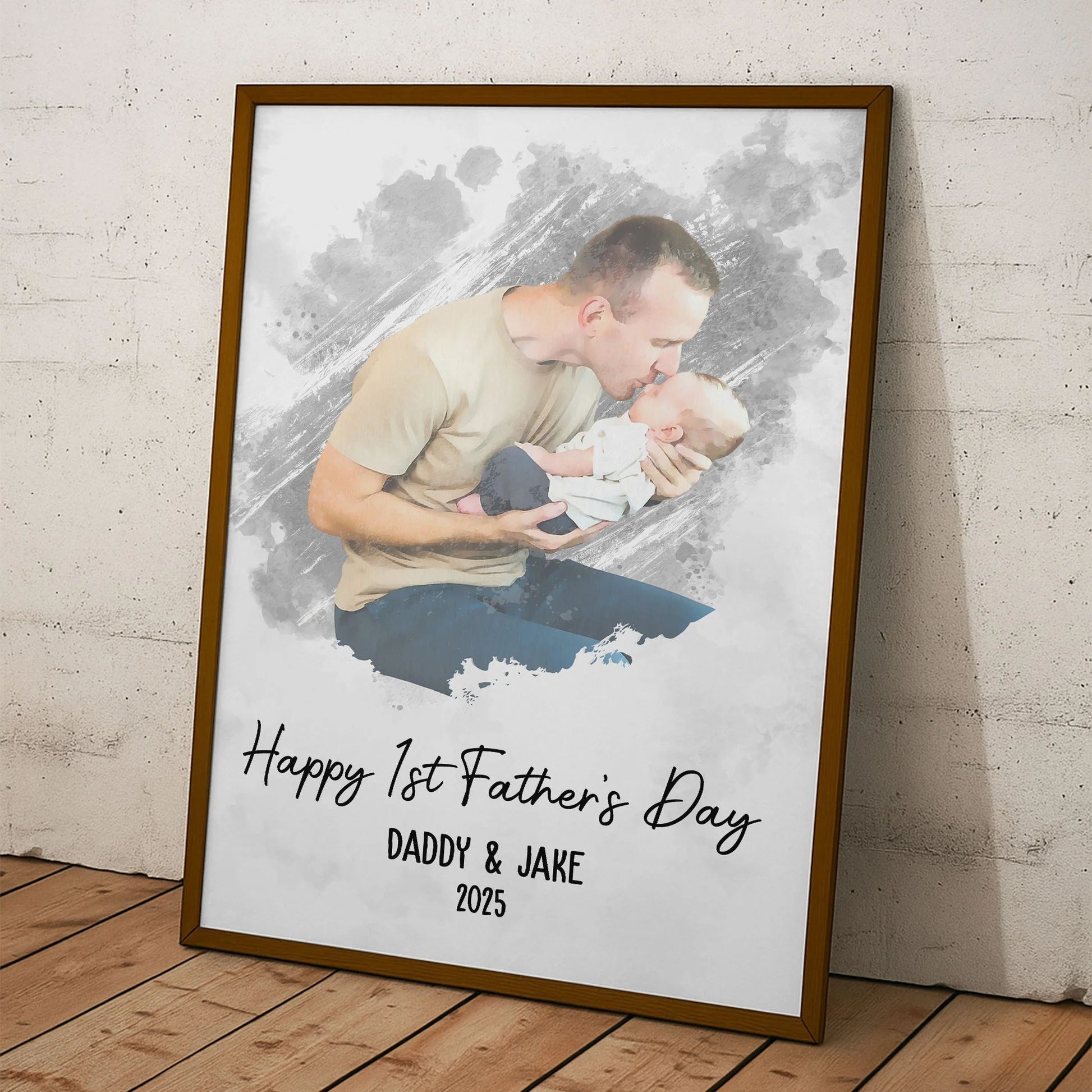 Happy 1st Father's Day - Watercolor Style Personalized Photo Poster/Canvas - Image 4
