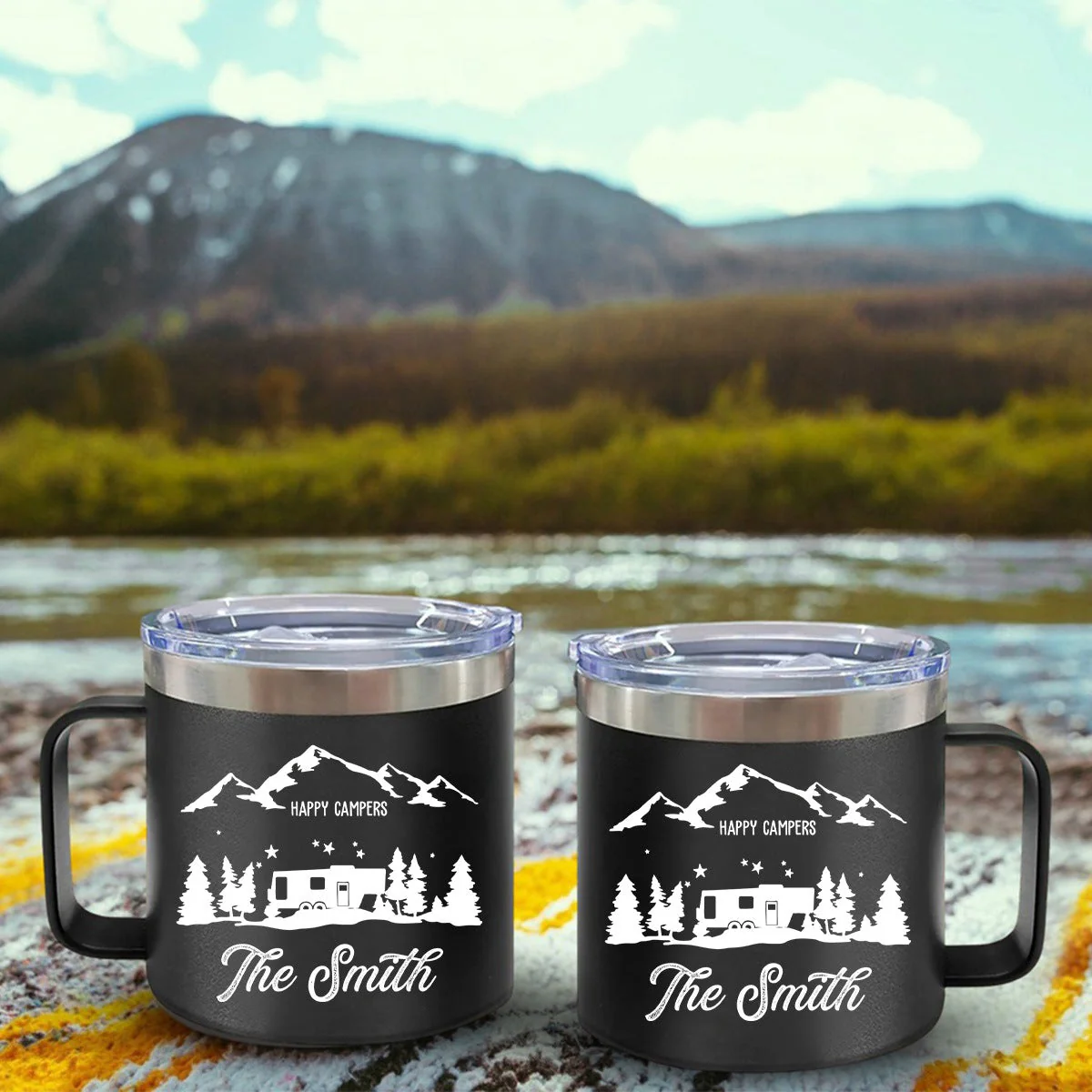 Happy Campers - Gift For Camping Lovers - Personalized 14oz Stainless Steel Tumbler With Handle - Image 3