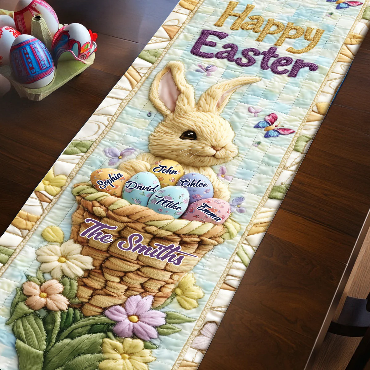 Happy Easter Flower Basket Bunny & Eggs - Personalized Table Runner - Image 2