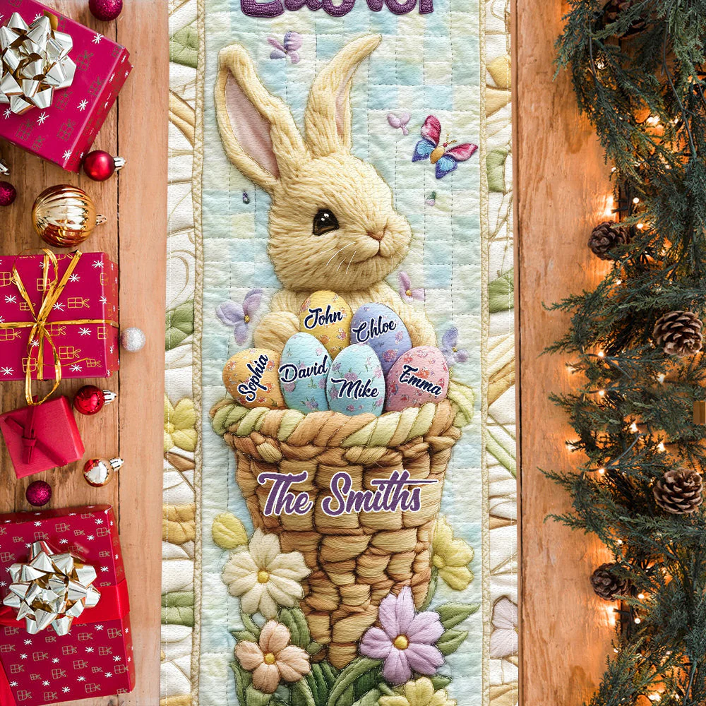 Happy Easter Flower Basket Bunny & Eggs - Personalized Table Runner - Image 3