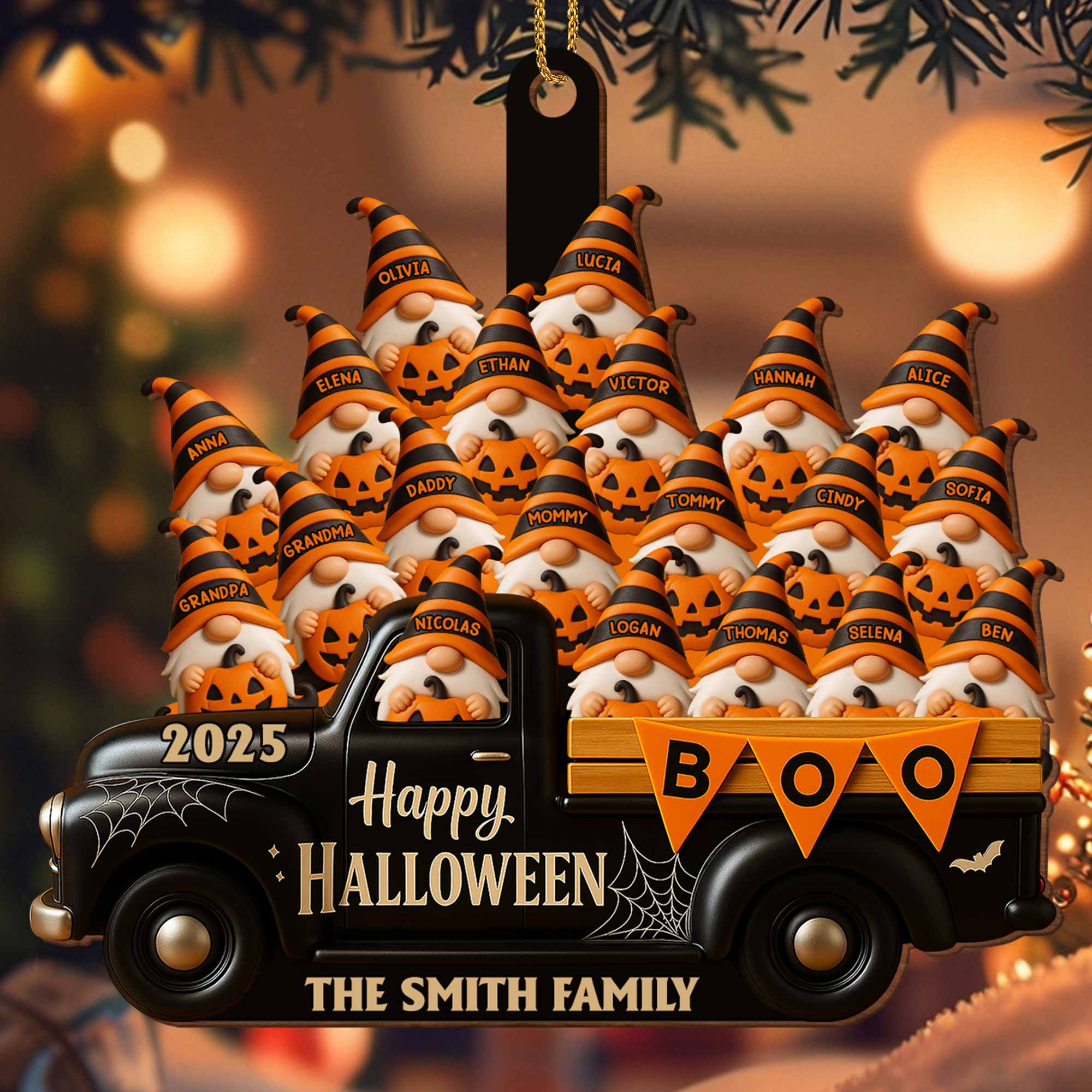 Happy Halloween Family Truck With Pumpkins, Personalized Custom Wood Ornamen - Image 2