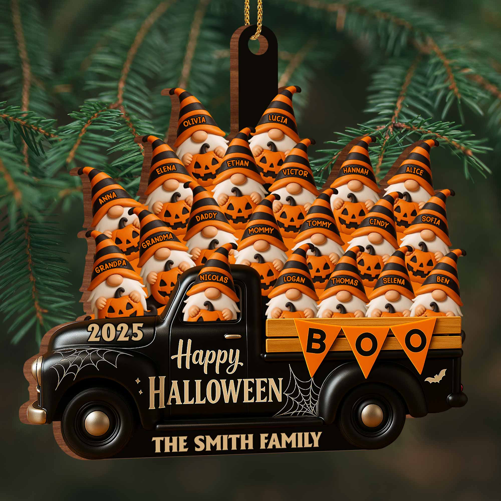 Happy Halloween Family Truck With Pumpkins, Personalized Custom Wood Ornamen - Image 3