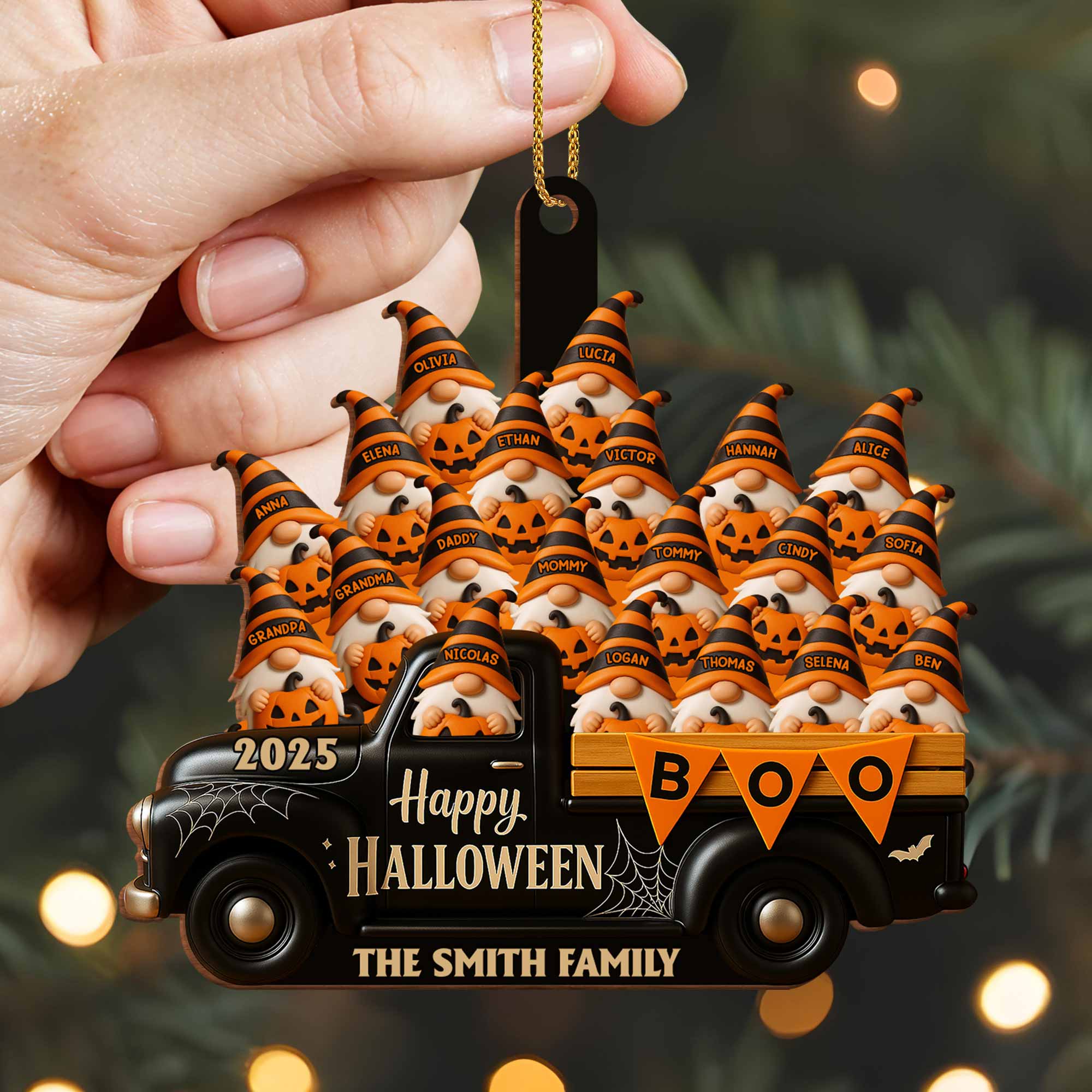 Happy Halloween Family Truck With Pumpkins, Personalized Custom Wood Ornamen - Image 4
