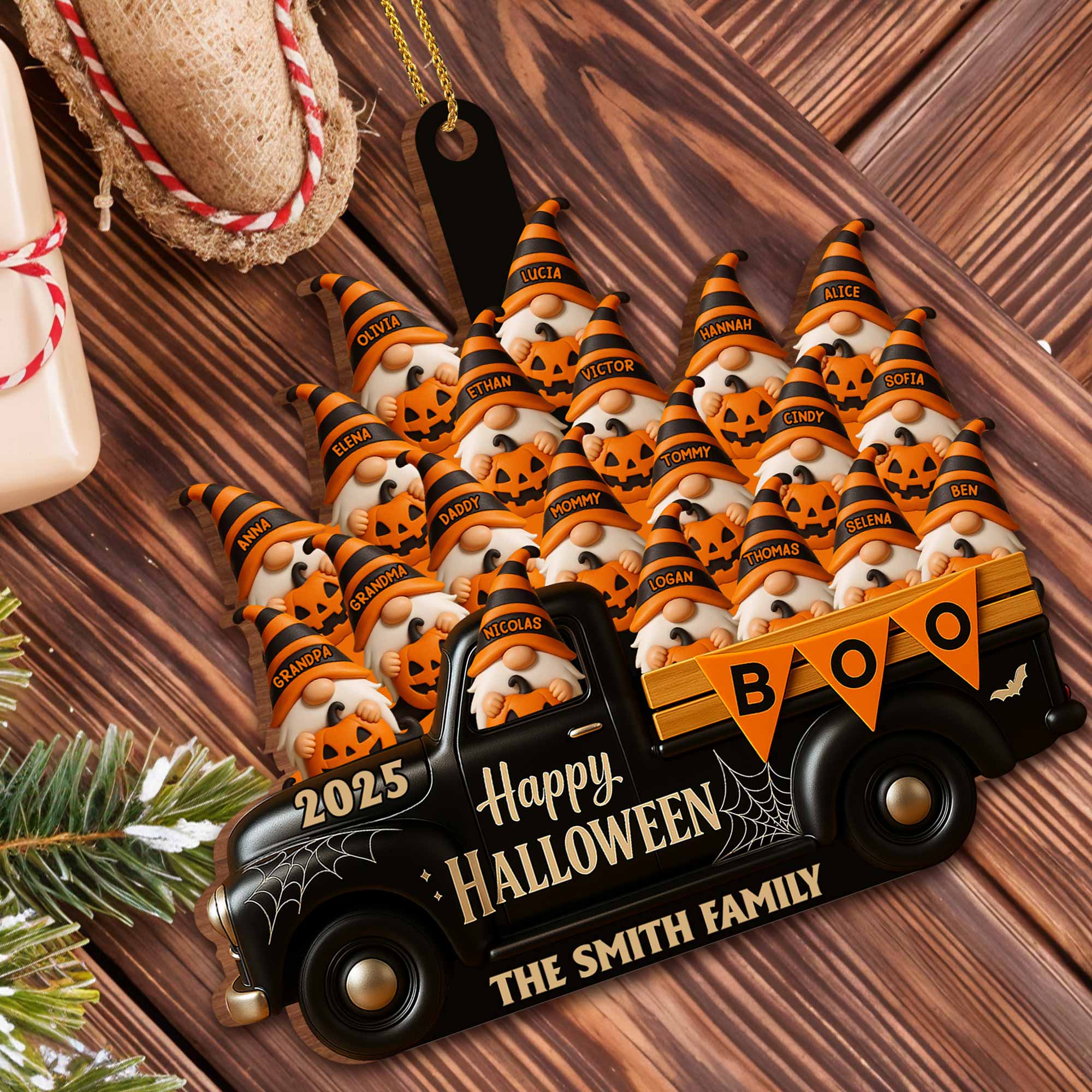 Happy Halloween Family Truck With Pumpkins, Personalized Custom Wood Ornamen - Image 5
