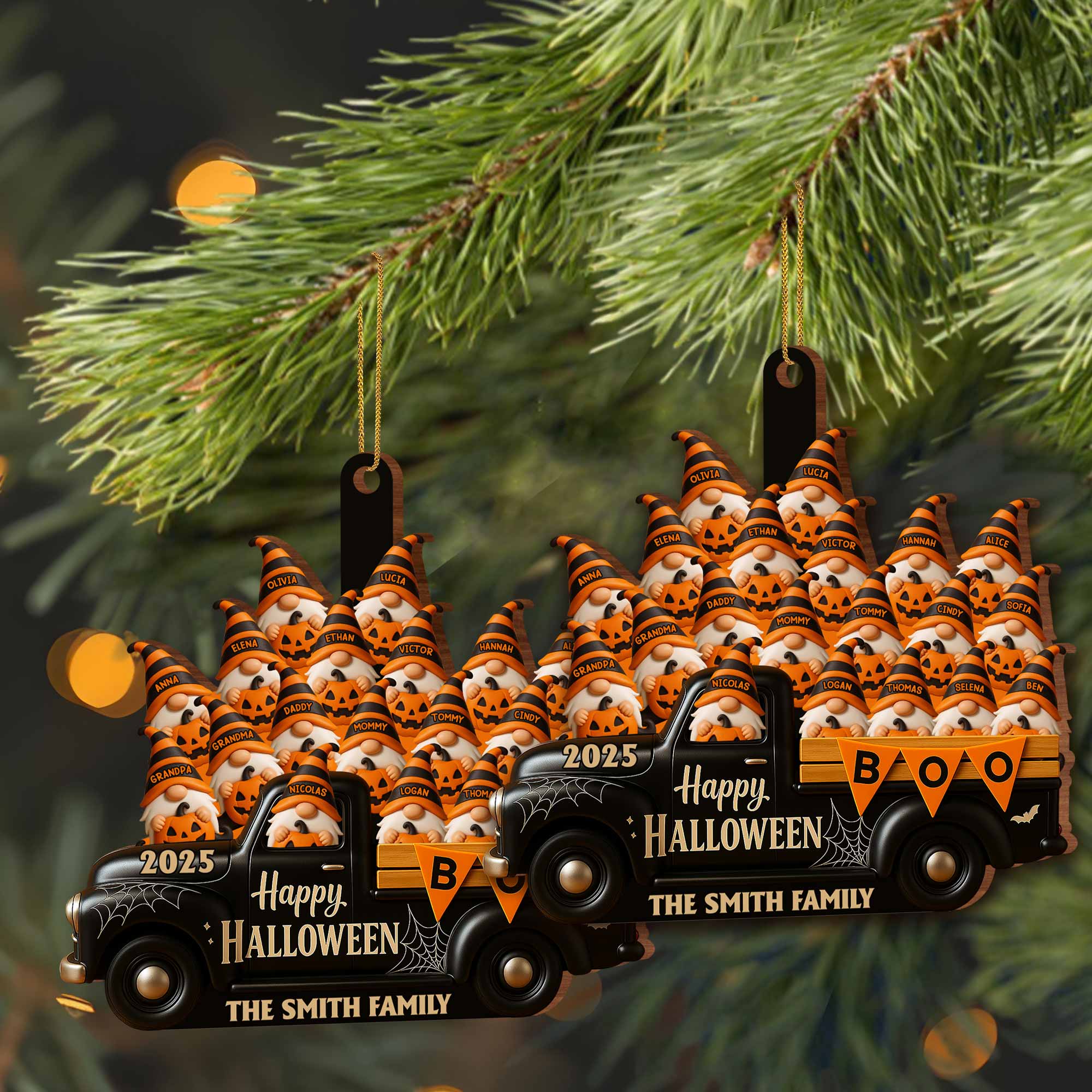 Happy Halloween Family Truck With Pumpkins, Personalized Custom Wood Ornamen - Image 6