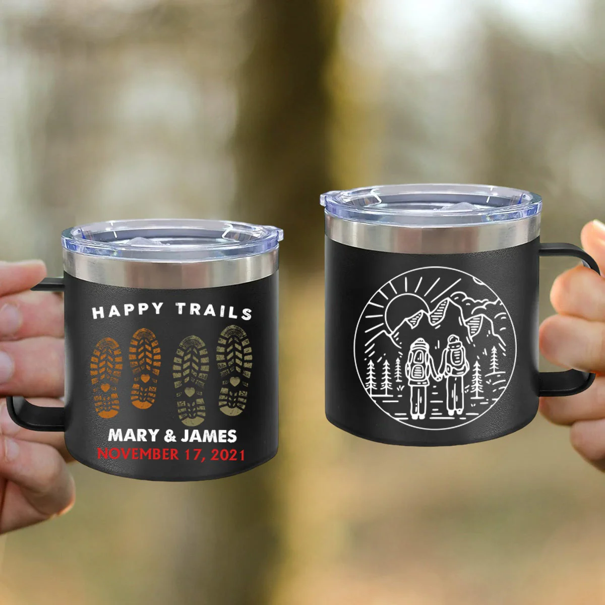 Happy Trails Adventure Awaits Hiking Camping Couple Gift - Personalized 14oz Stainless Steel Tumbler With Handle - Image 10