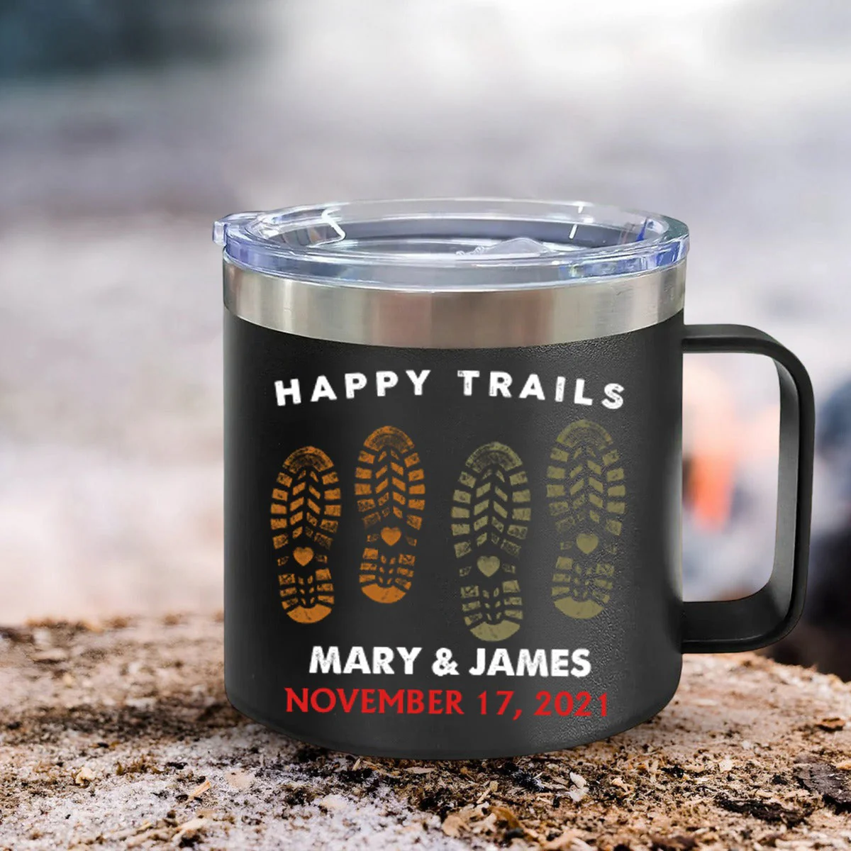 Happy Trails Adventure Awaits Hiking Camping Couple Gift - Personalized 14oz Stainless Steel Tumbler With Handle - Image 11