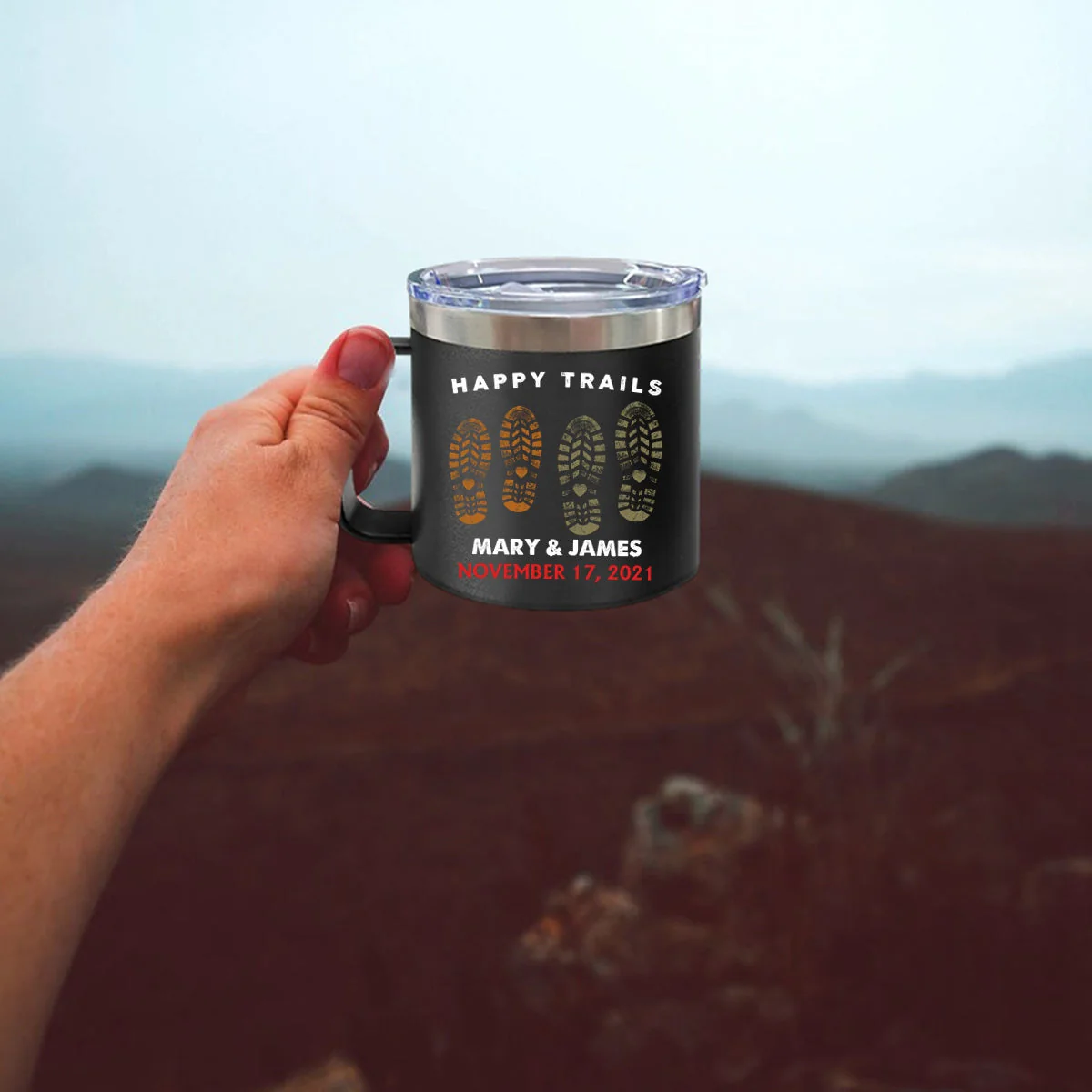 Happy Trails Adventure Awaits Hiking Camping Couple Gift - Personalized 14oz Stainless Steel Tumbler With Handle - Image 12